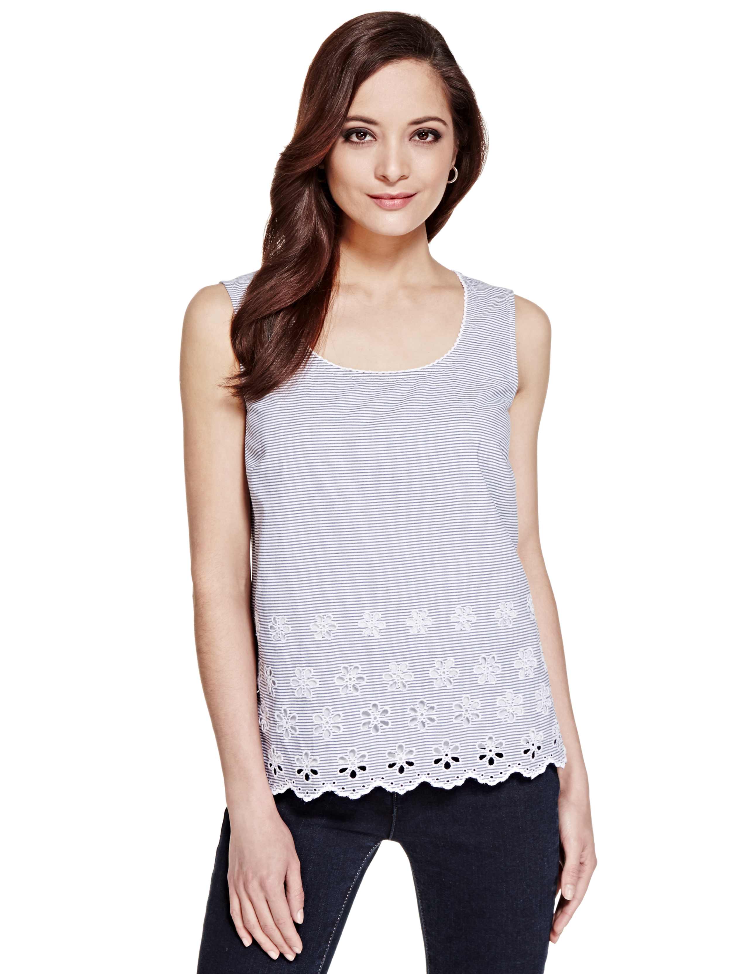 Pure Cotton Cutwork Striped Blouse 1 of 4