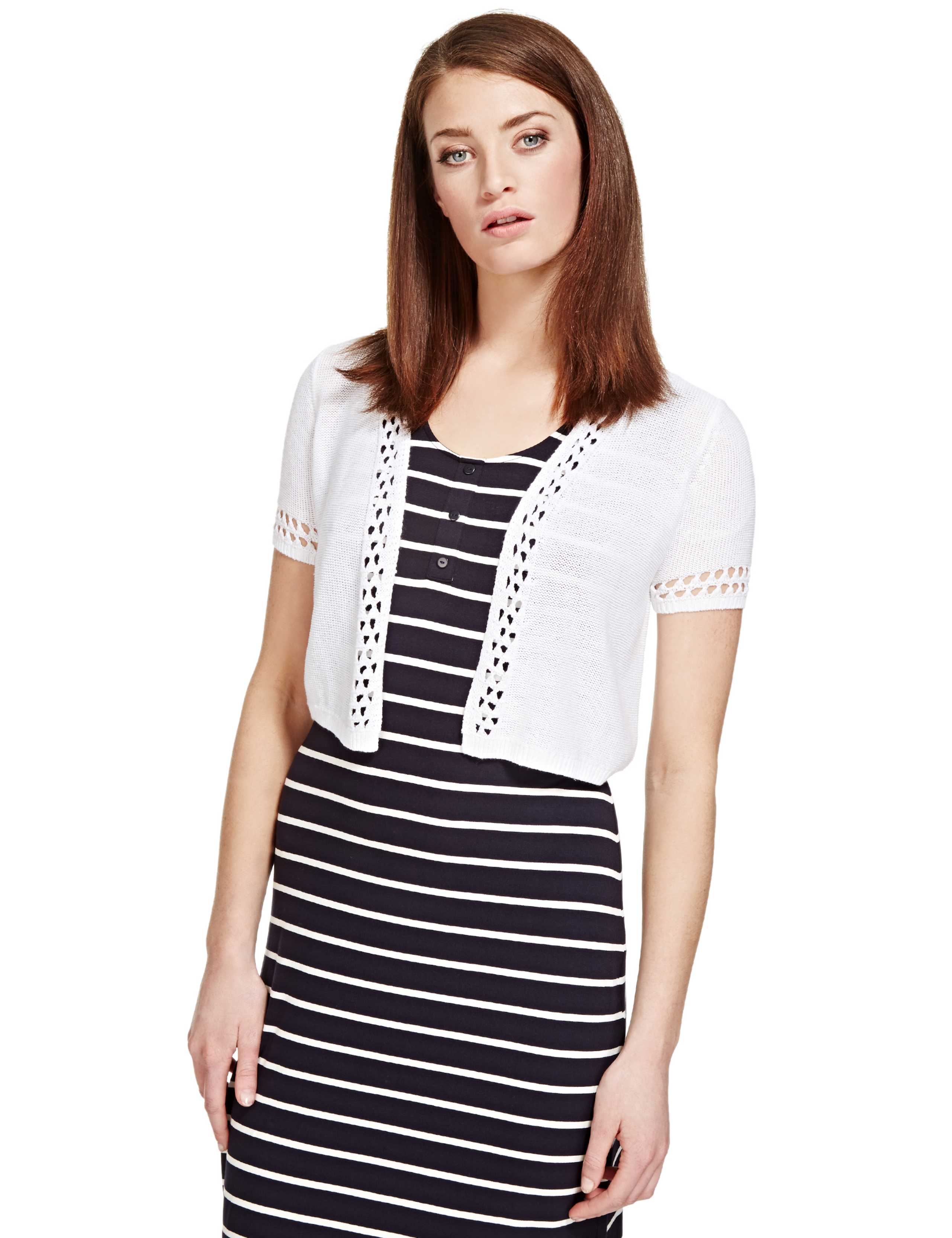 Open Front Pointelle Crochet Bolero with Linen Per Una M&S IE