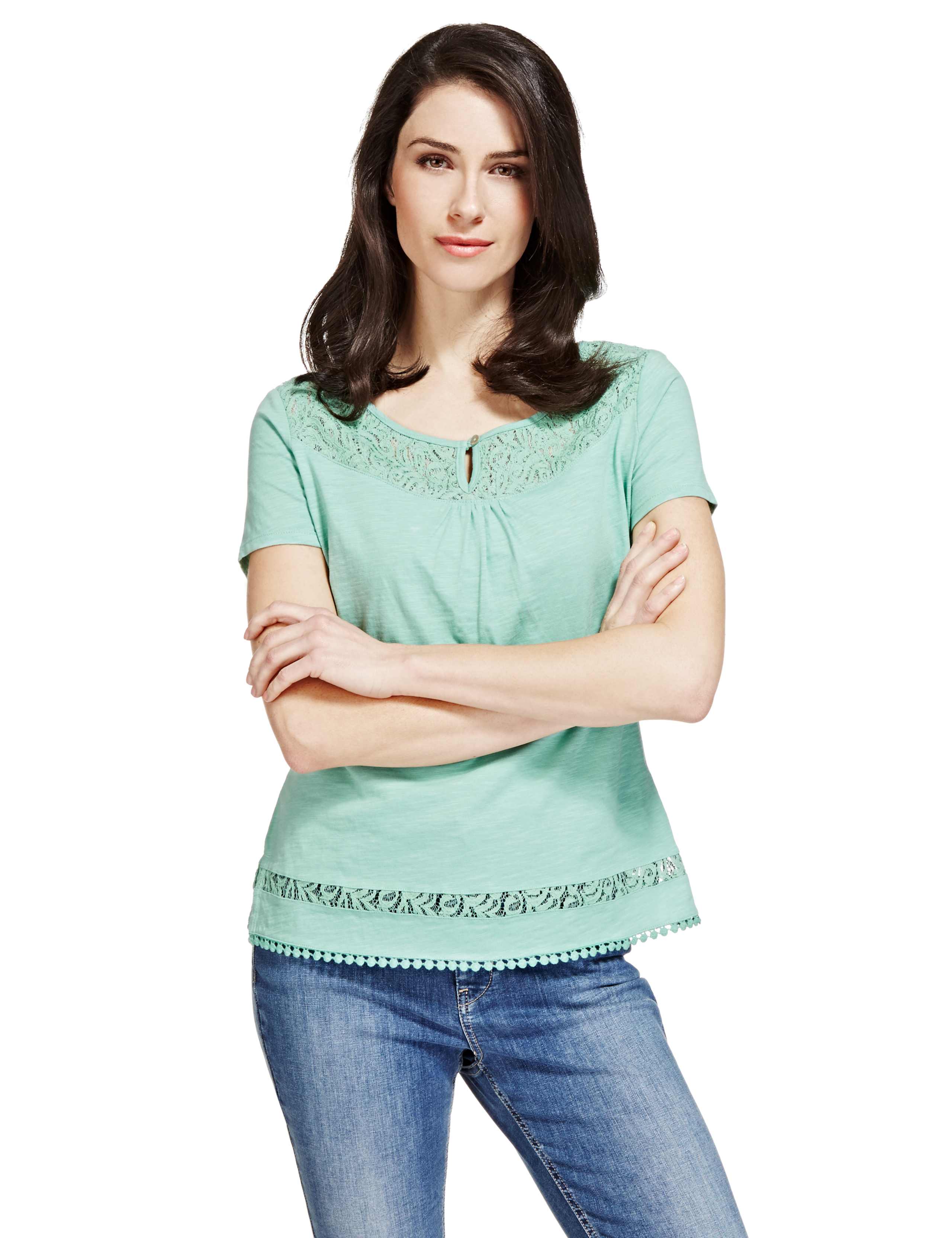 Cotton Rich Lace Yoke T-Shirt 1 of 4