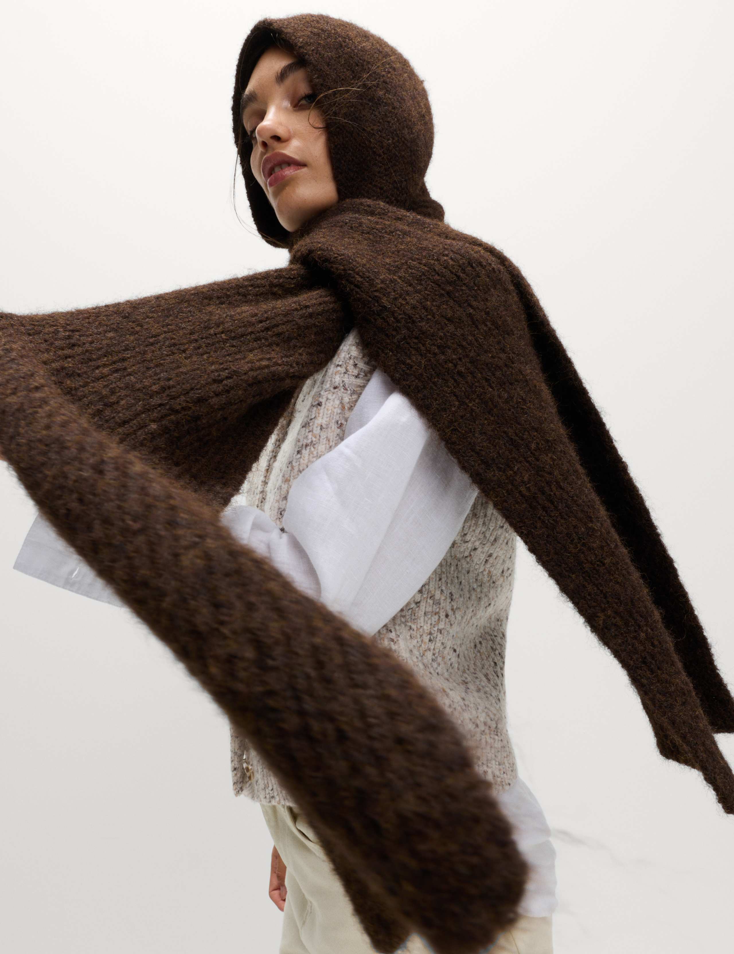 Ribbed Knit Hooded Scarf with Wool 4 of 5