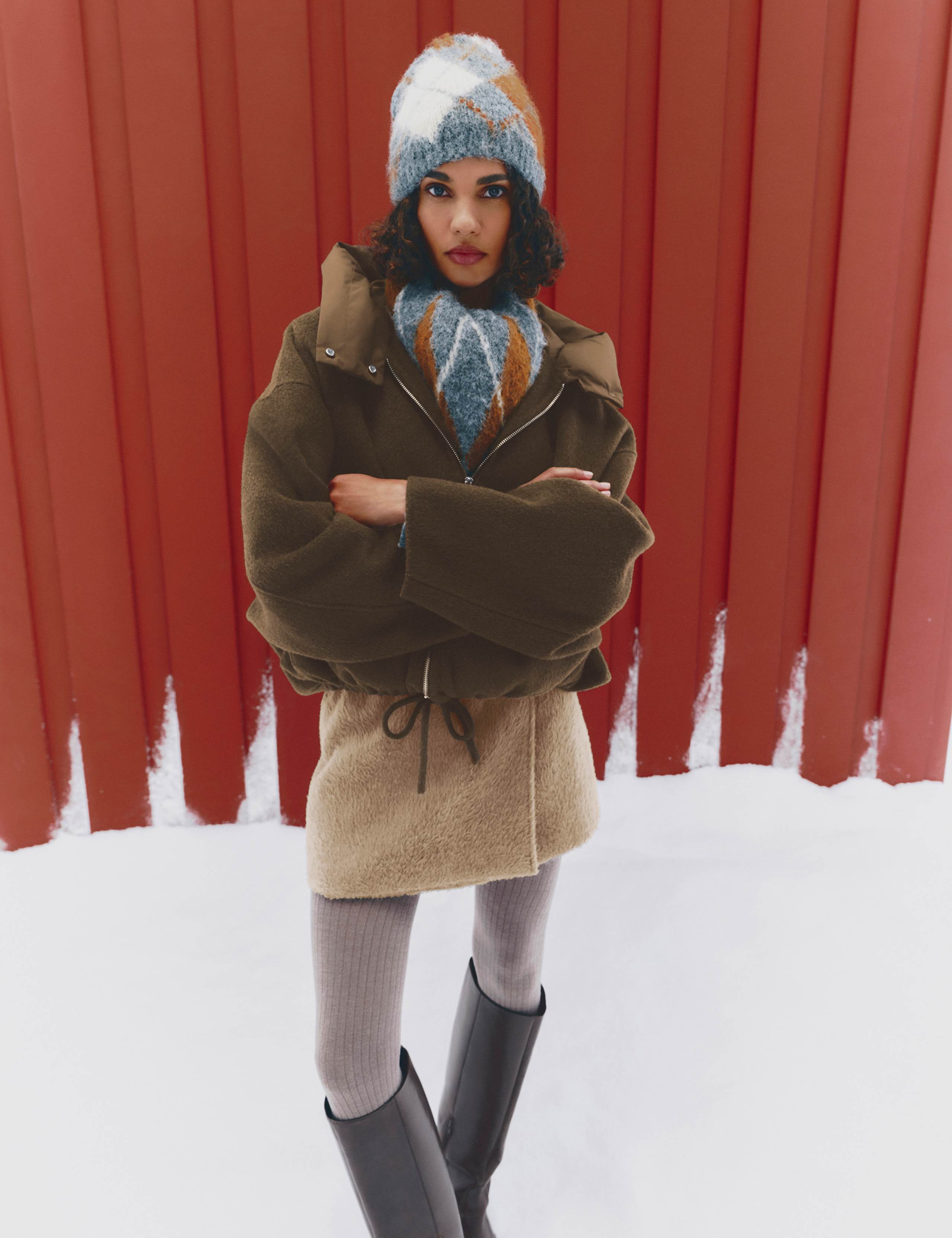 Fluffy Knitted Argyle Beanie Hat with Wool 1 of 2