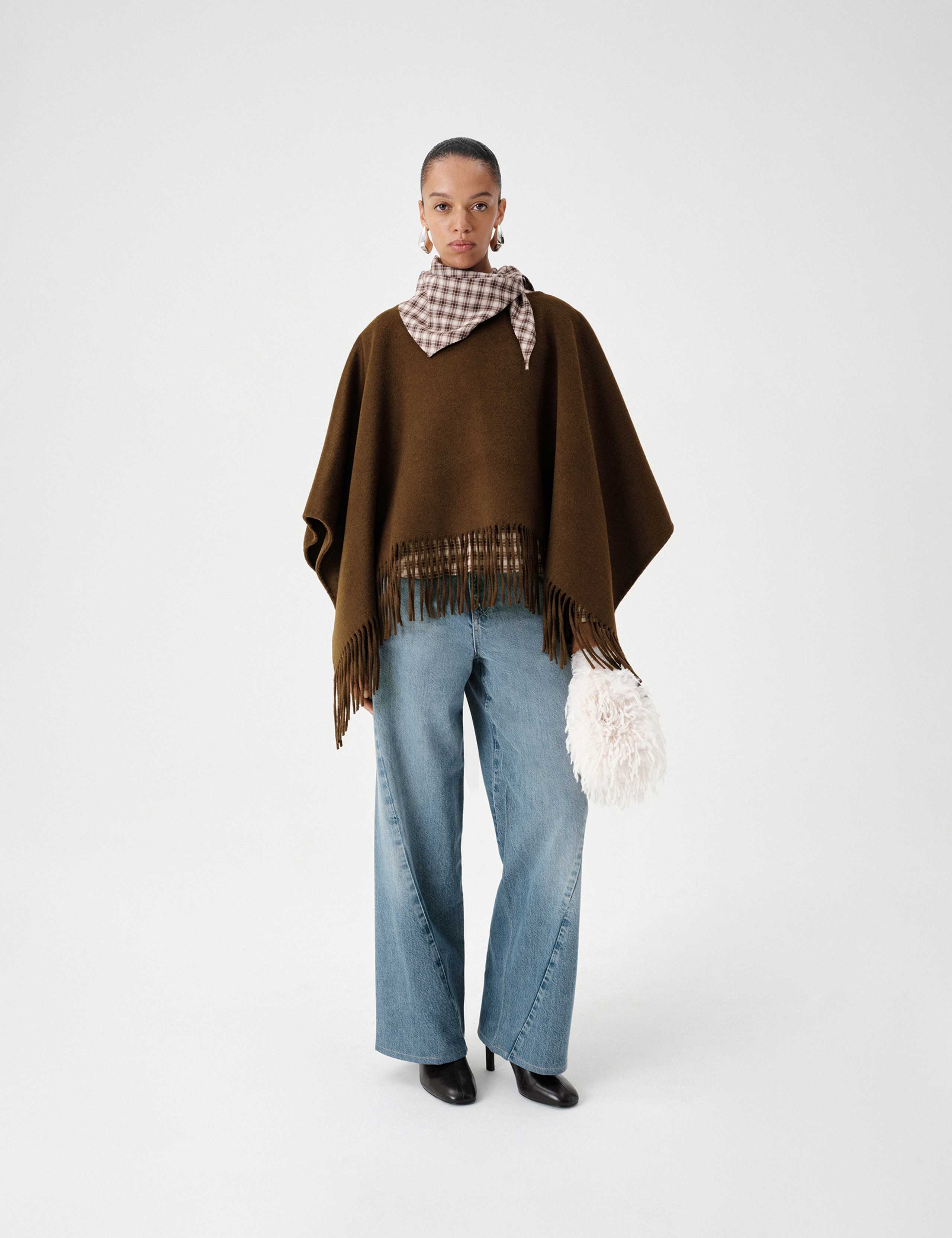 Double Faced Fringed Poncho with Wool 1 of 6