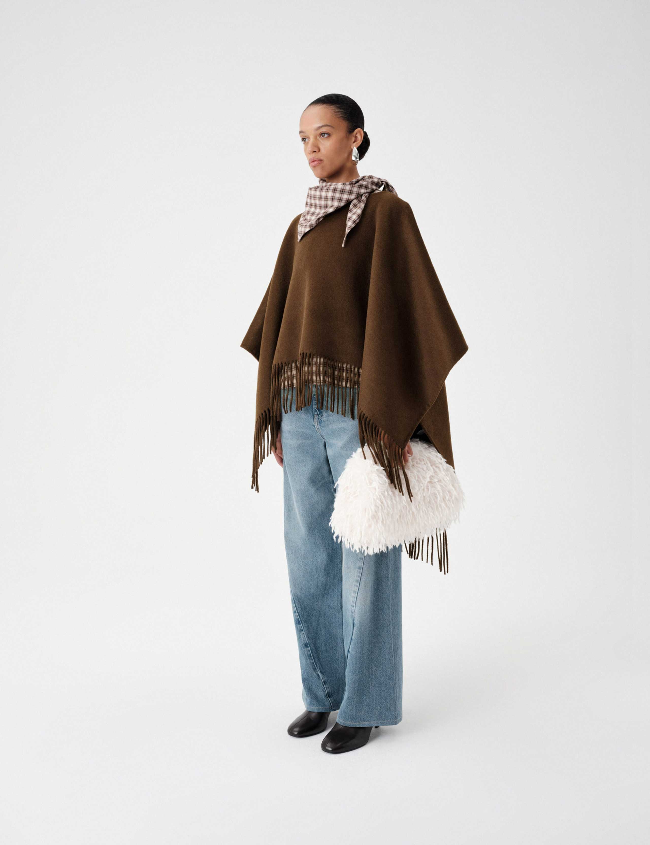 Double Faced Fringed Poncho with Wool 3 of 6