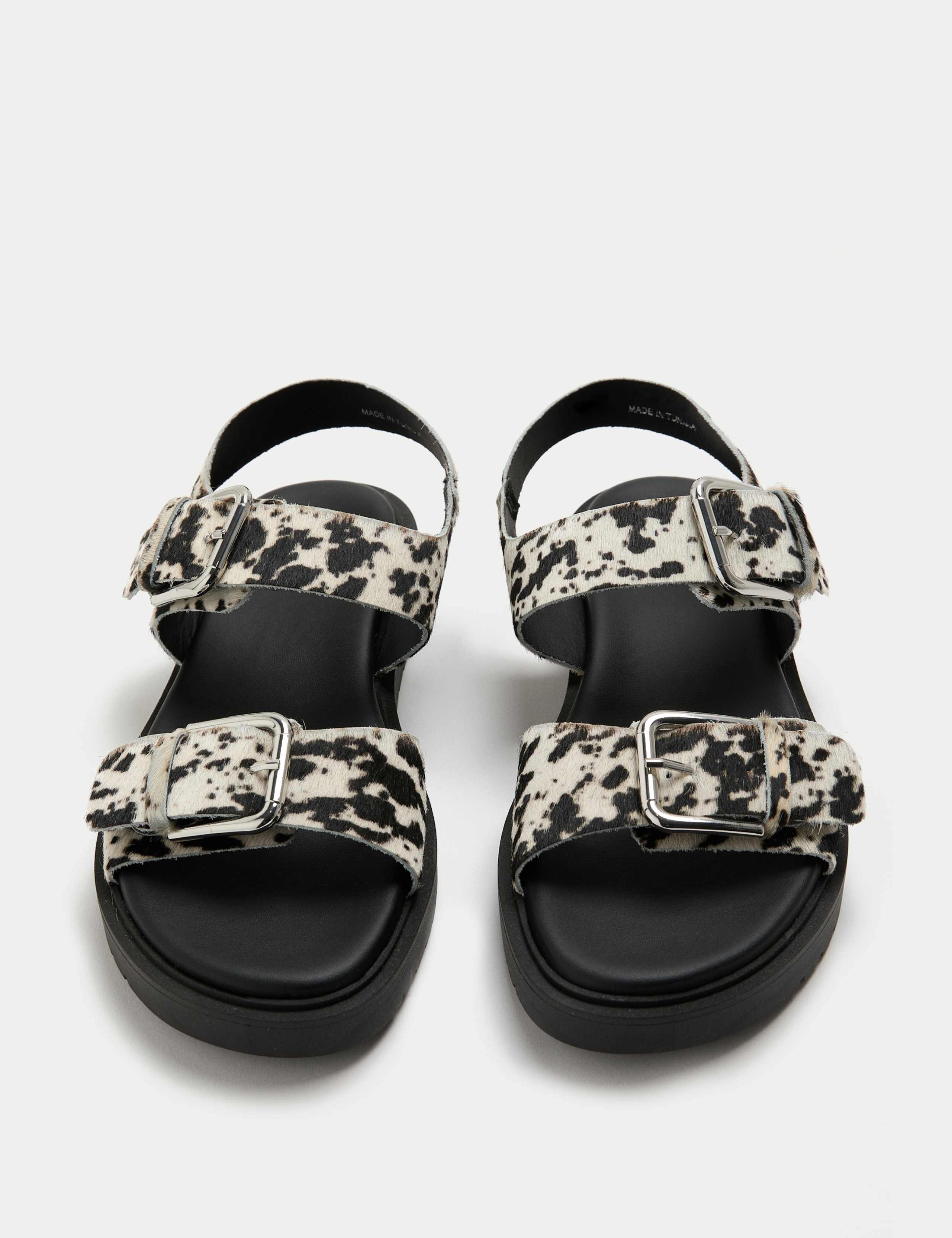 Leather Cow Print Double Buckle Flatform Sandals 1 of 3
