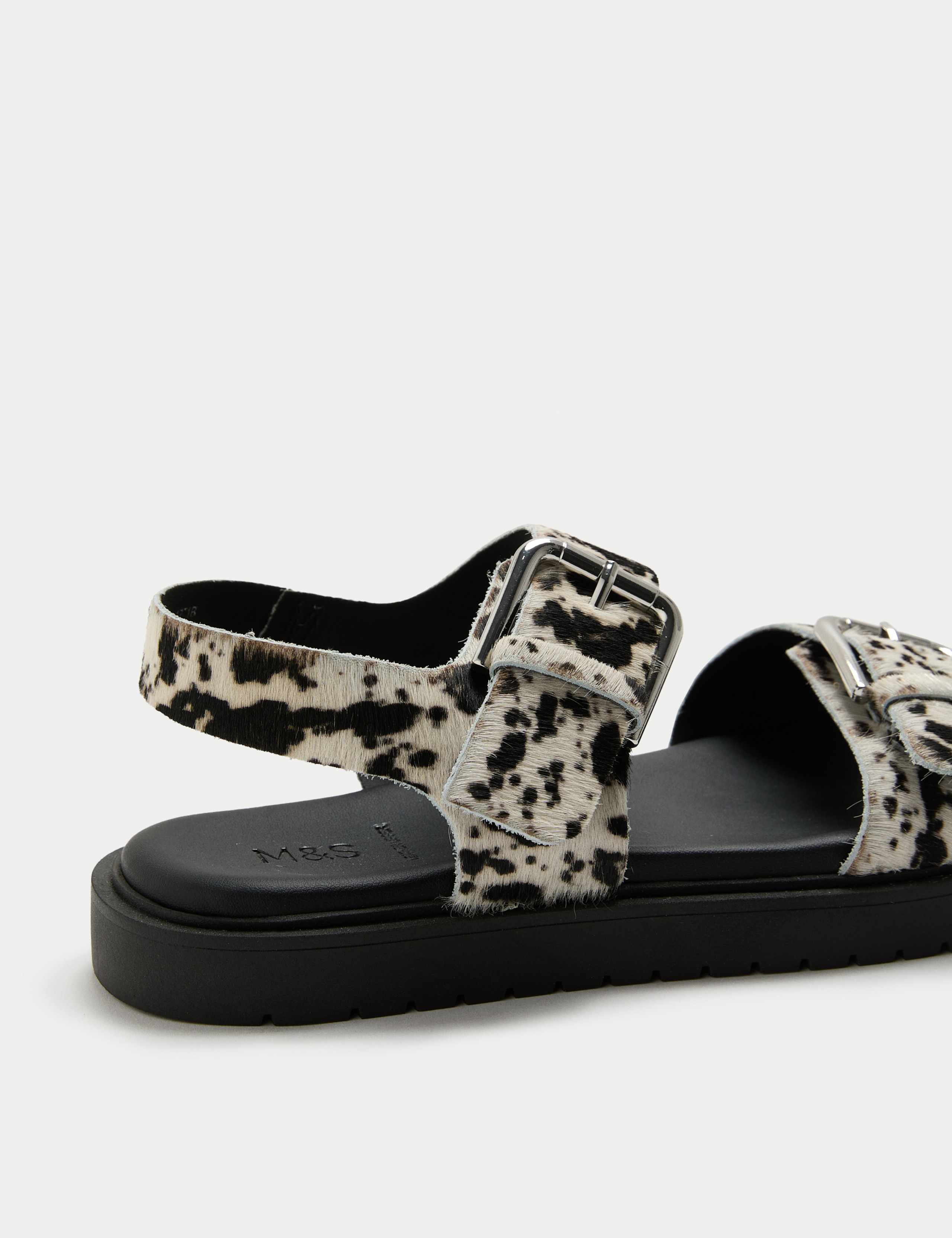 Leather Cow Print Double Buckle Flatform Sandals 3 of 3