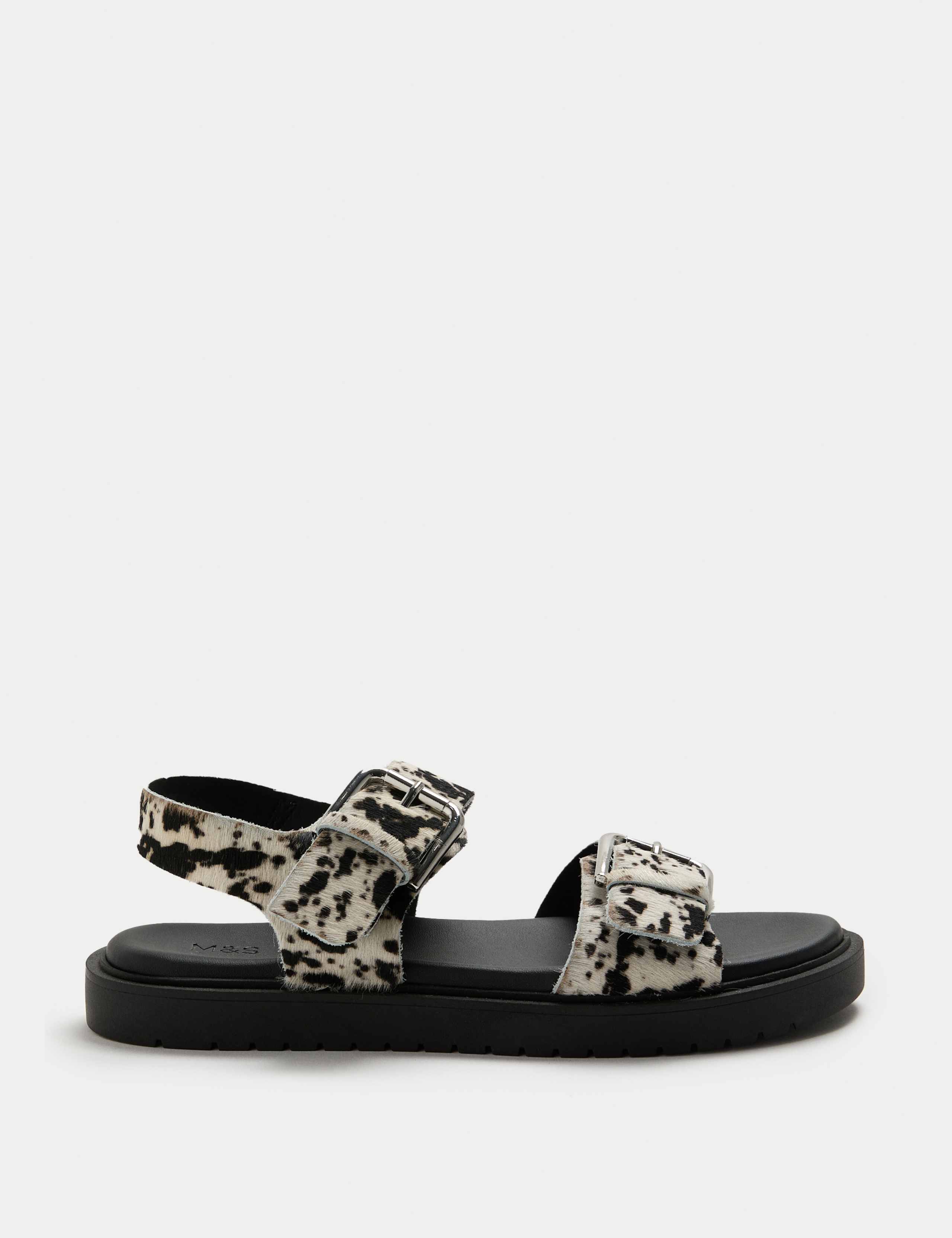 Leather Cow Print Double Buckle Flatform Sandals 2 of 3