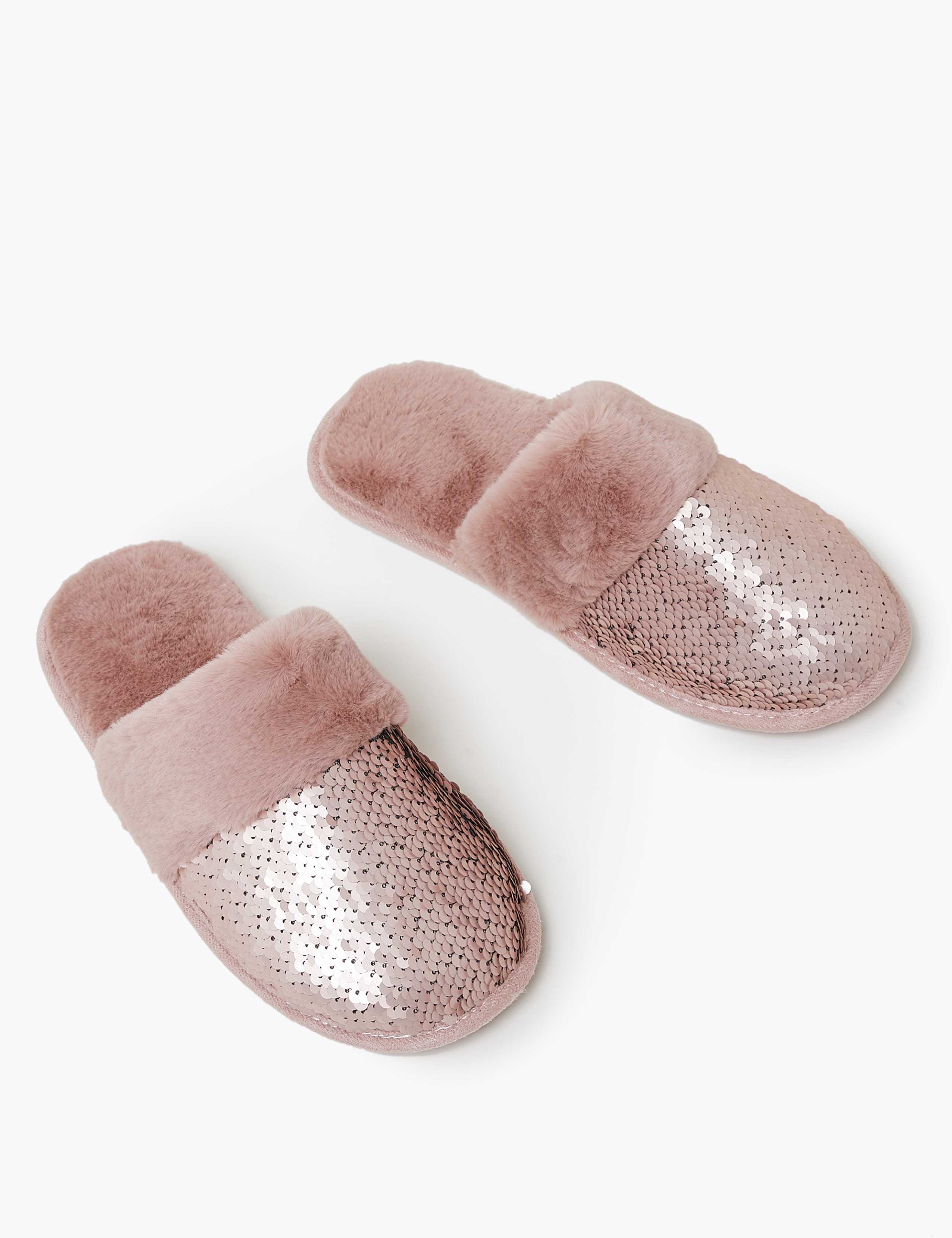 Faux Fur Sequin Mule Slippers 1 of 7
