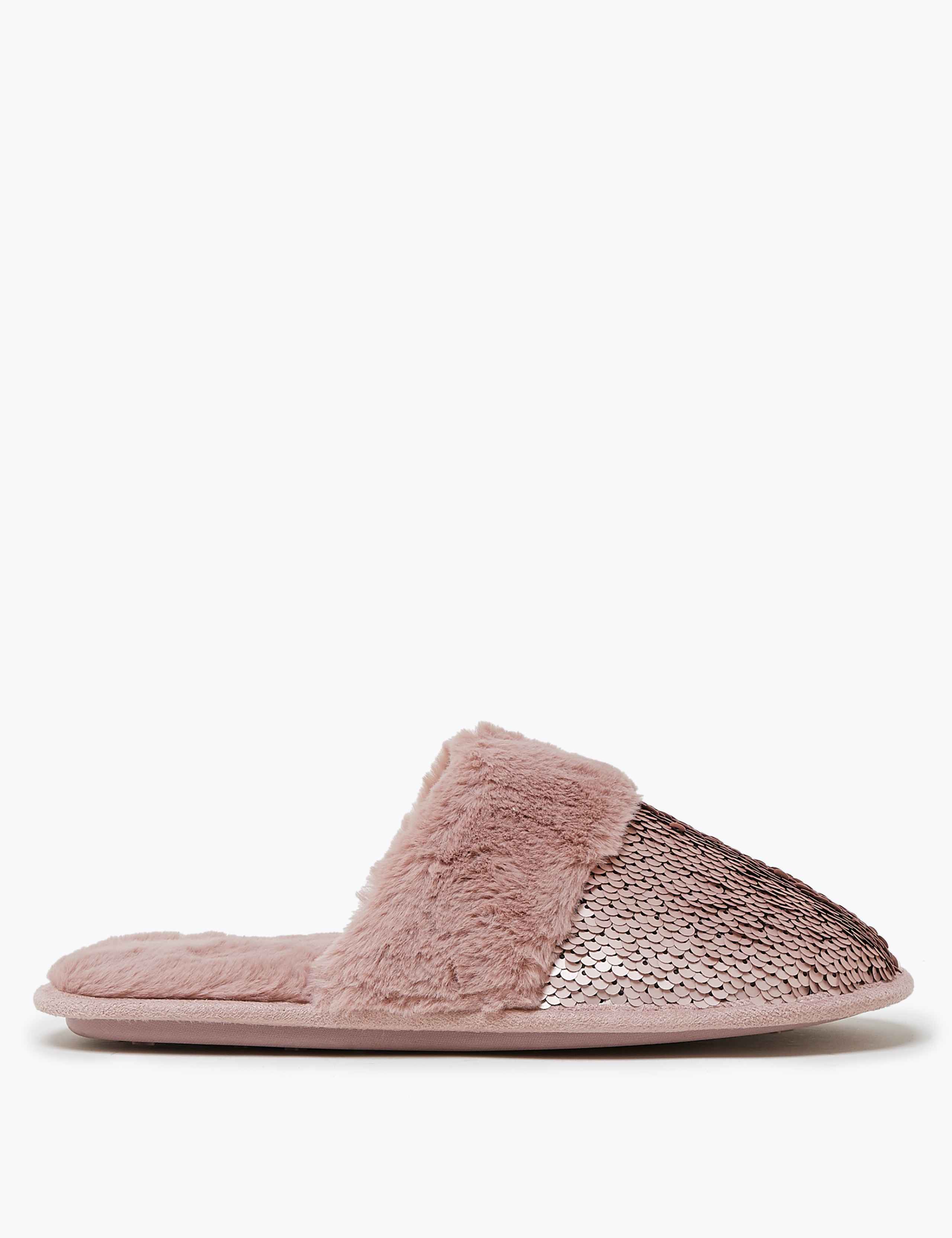 Faux Fur Sequin Mule Slippers 6 of 7