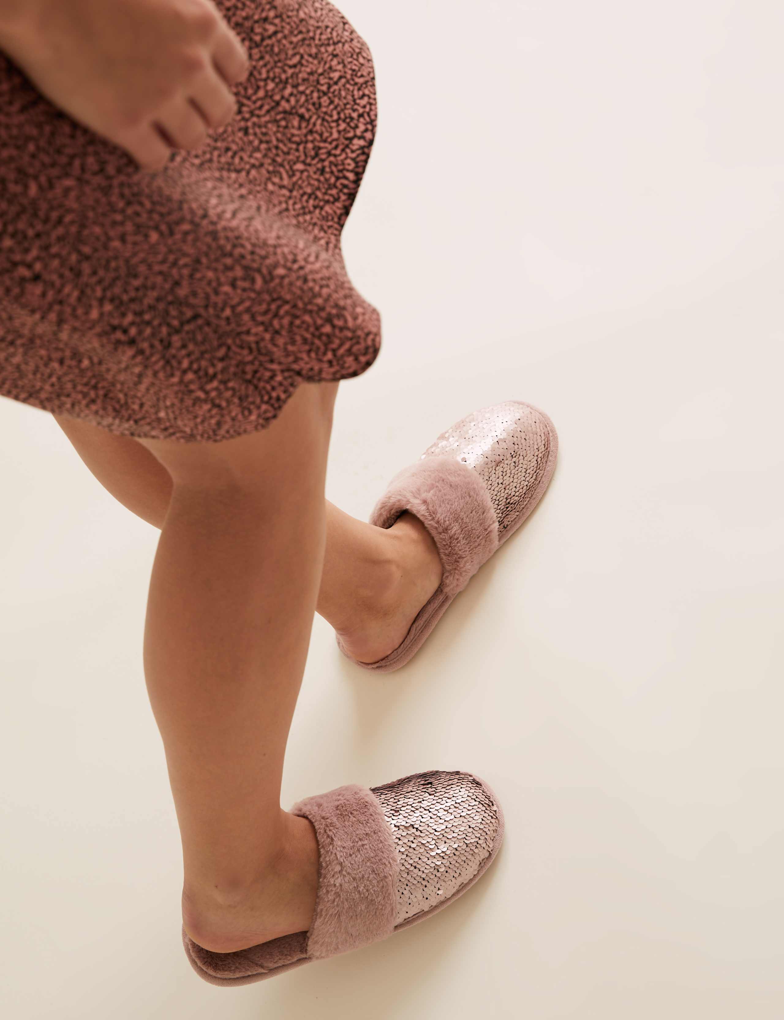 Faux Fur Sequin Mule Slippers 2 of 7