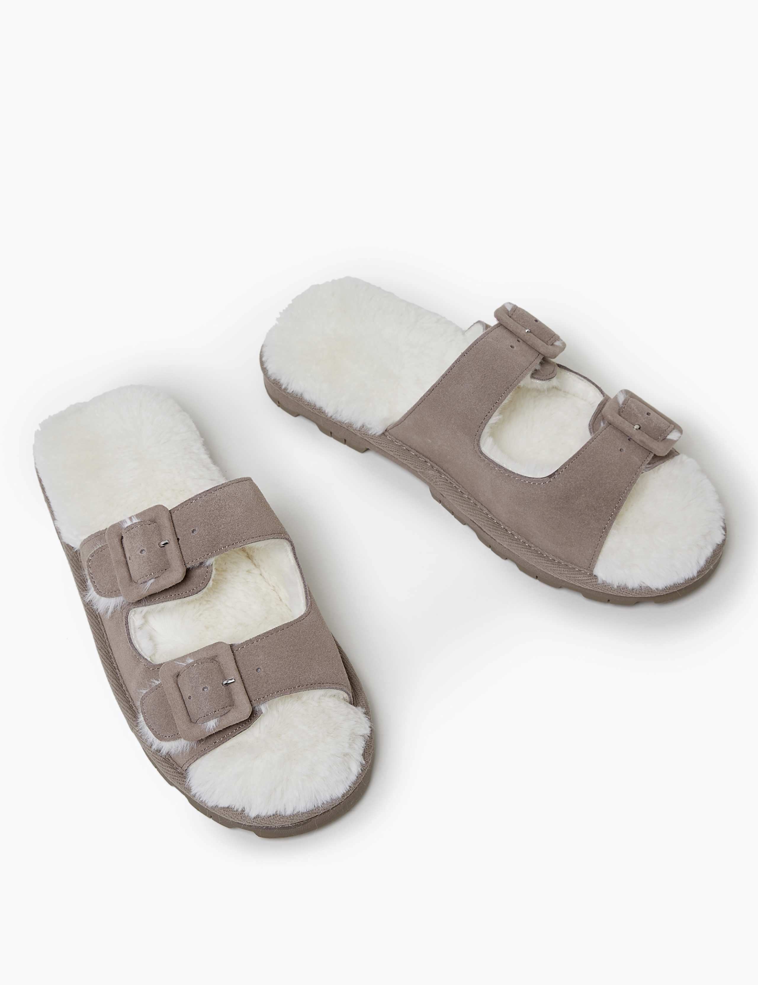 Suede Faux Fur Lined Open Toe Slippers 1 of 7