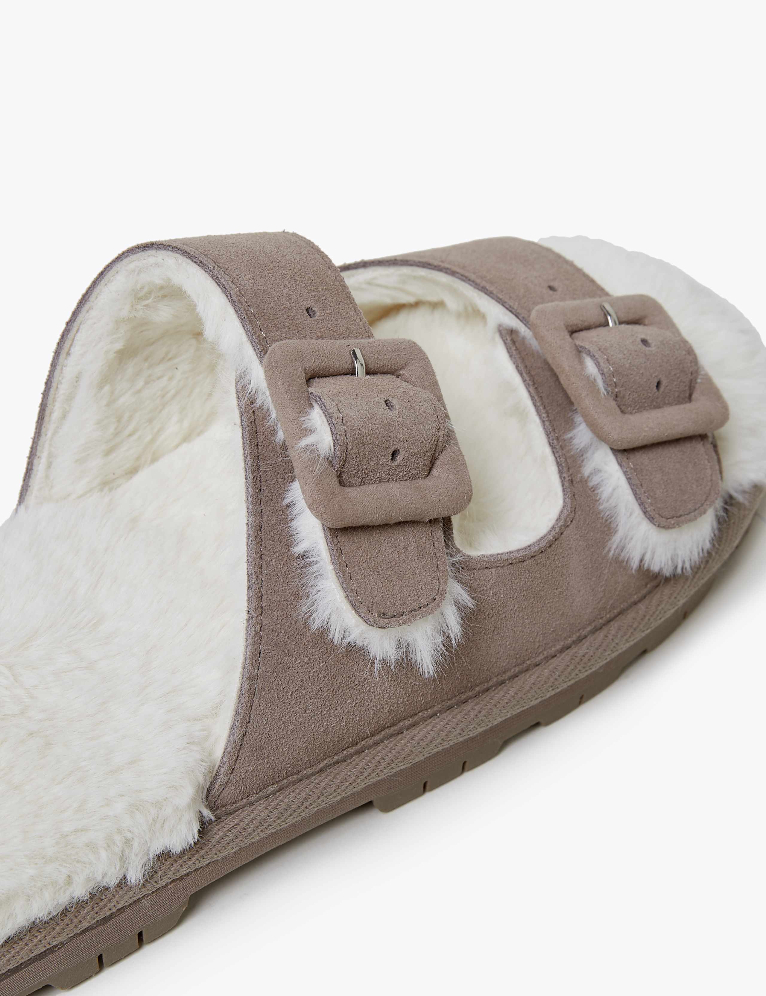 Suede Faux Fur Lined Open Toe Slippers 5 of 7