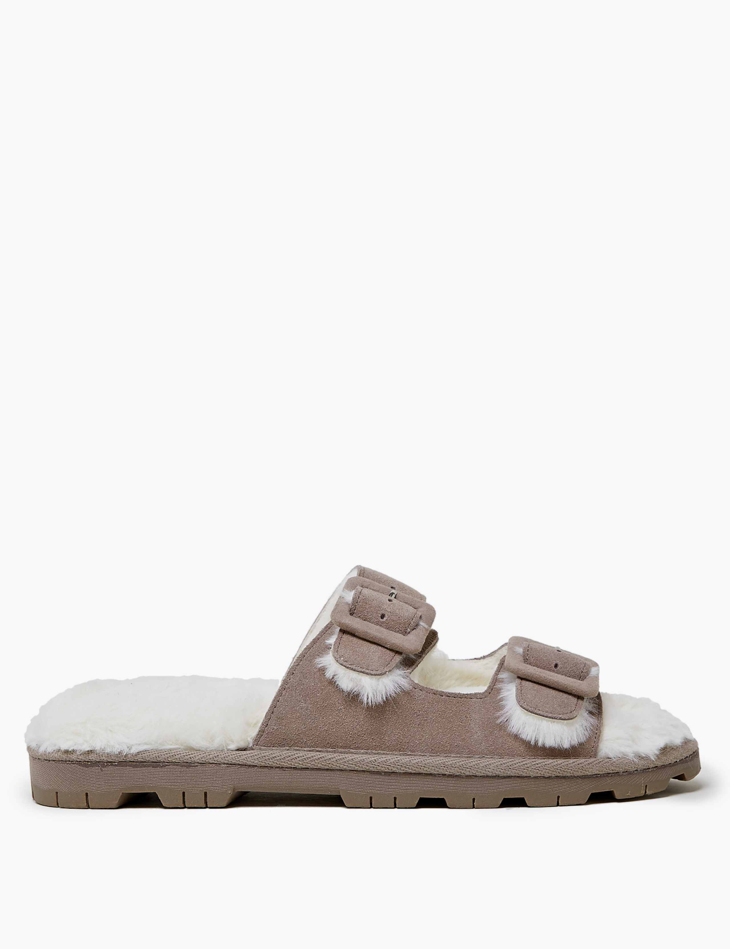 Suede Faux Fur Lined Open Toe Slippers 6 of 7