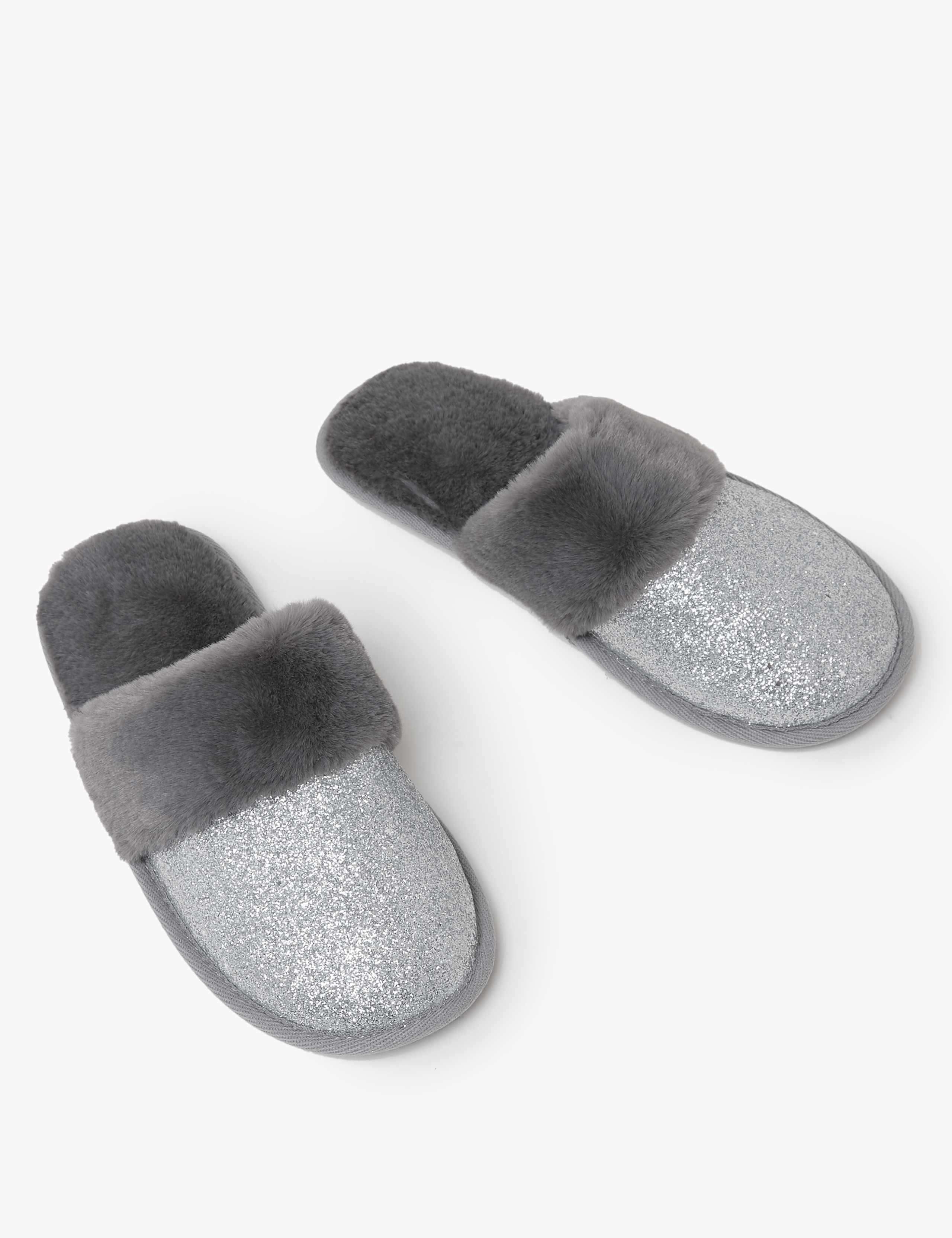 Faux Fur Lined Glitter Mule Slippers 1 of 7