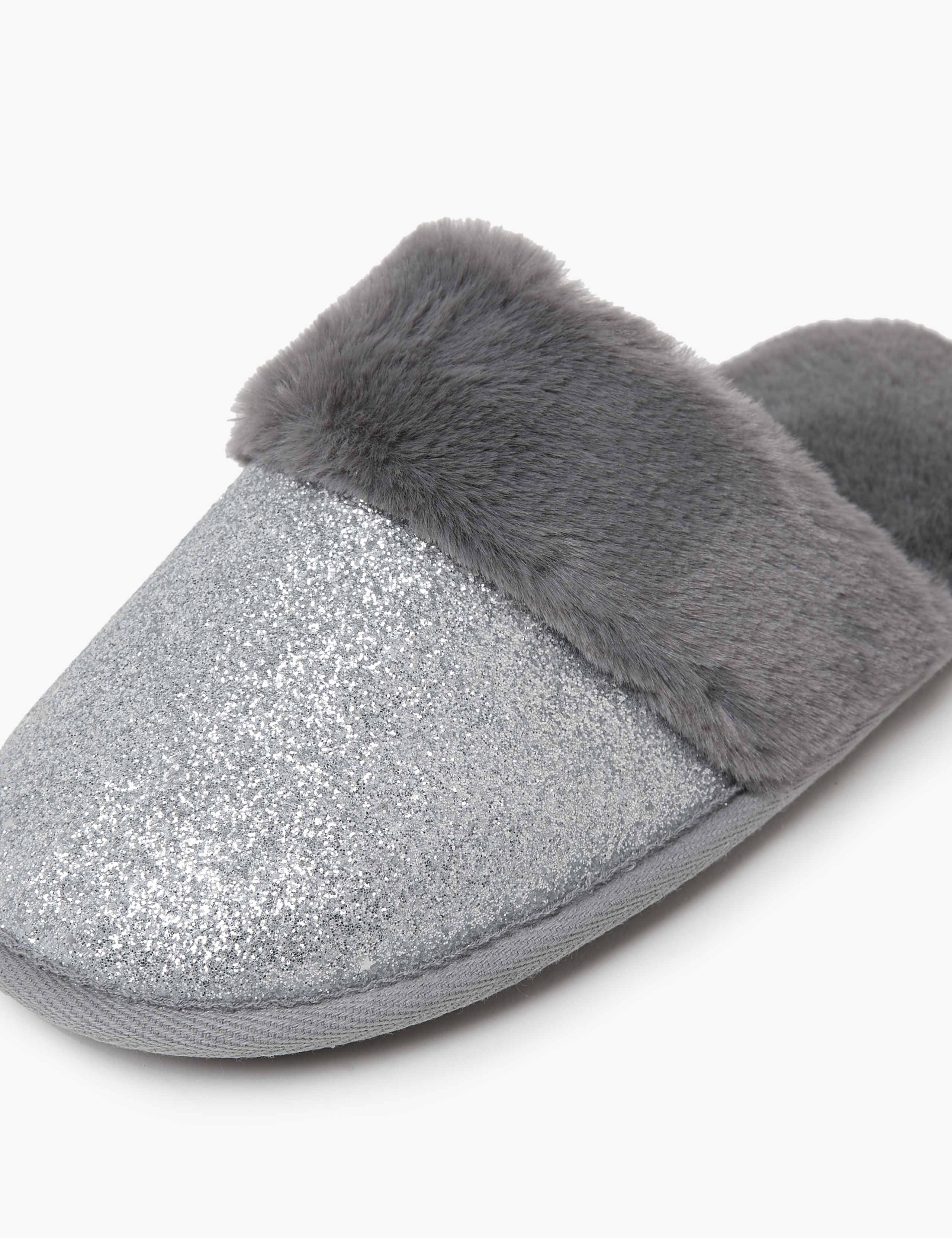 Faux Fur Lined Glitter Mule Slippers 5 of 7