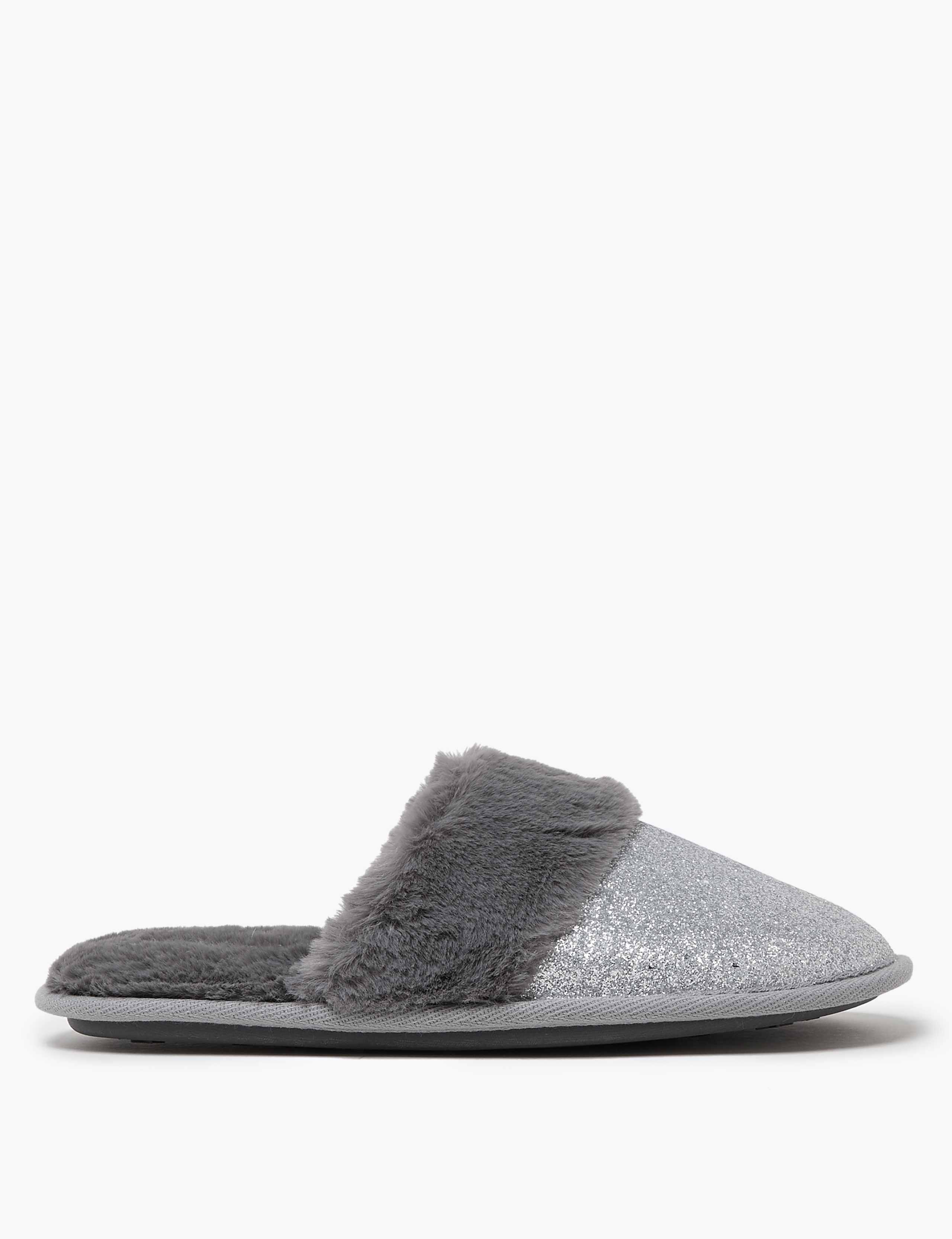 Faux Fur Lined Glitter Mule Slippers 2 of 7