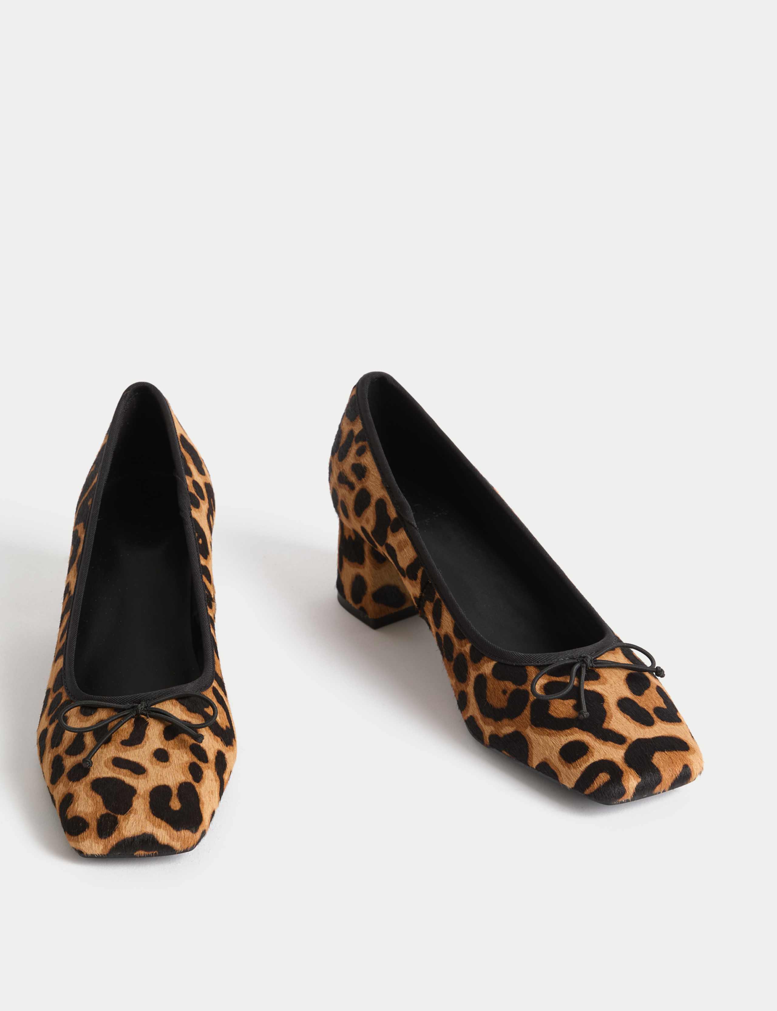 Leather Leopard Print Block Heel Court Shoes 2 of 3