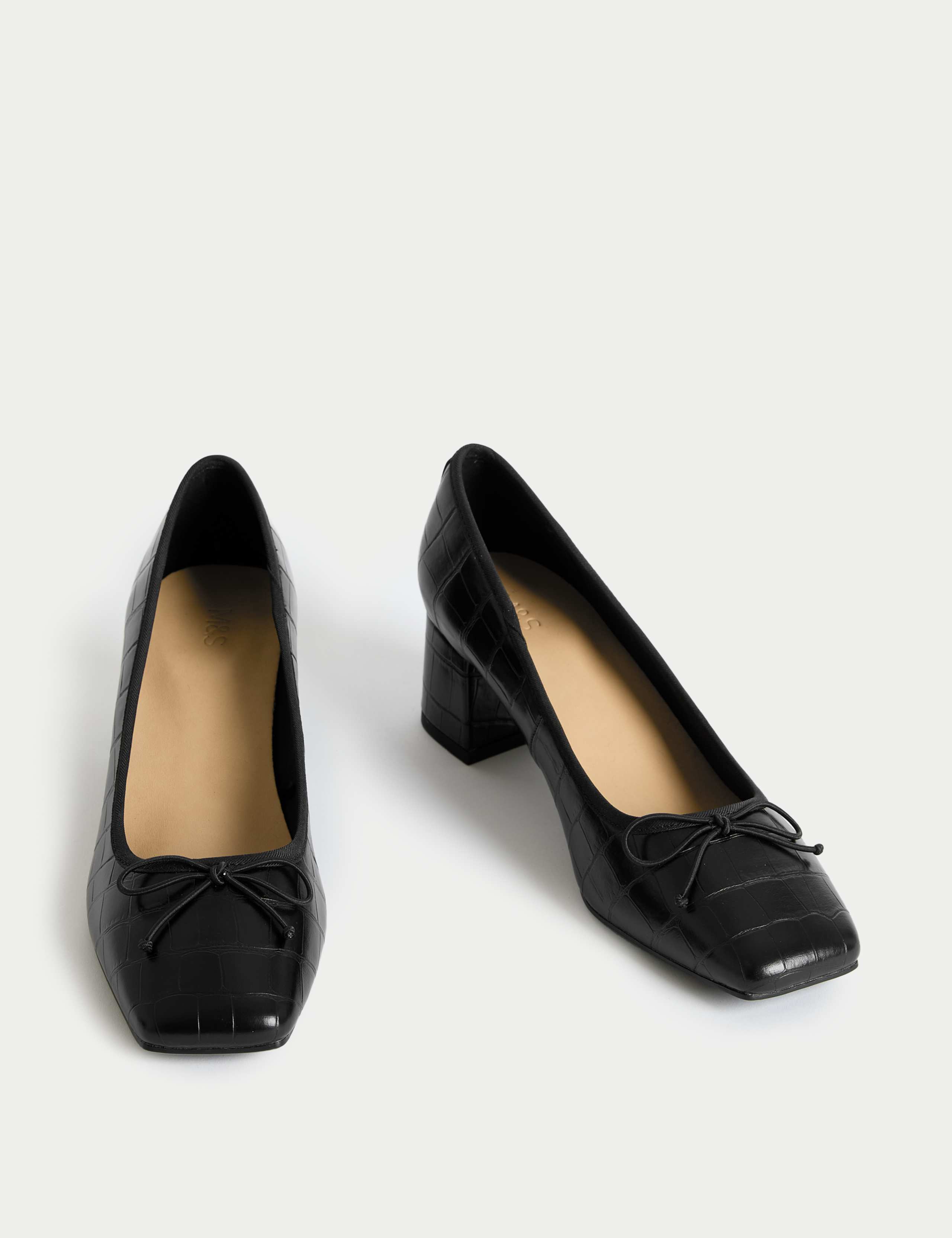 Leather Croc Block Heel Court Shoes 2 of 3