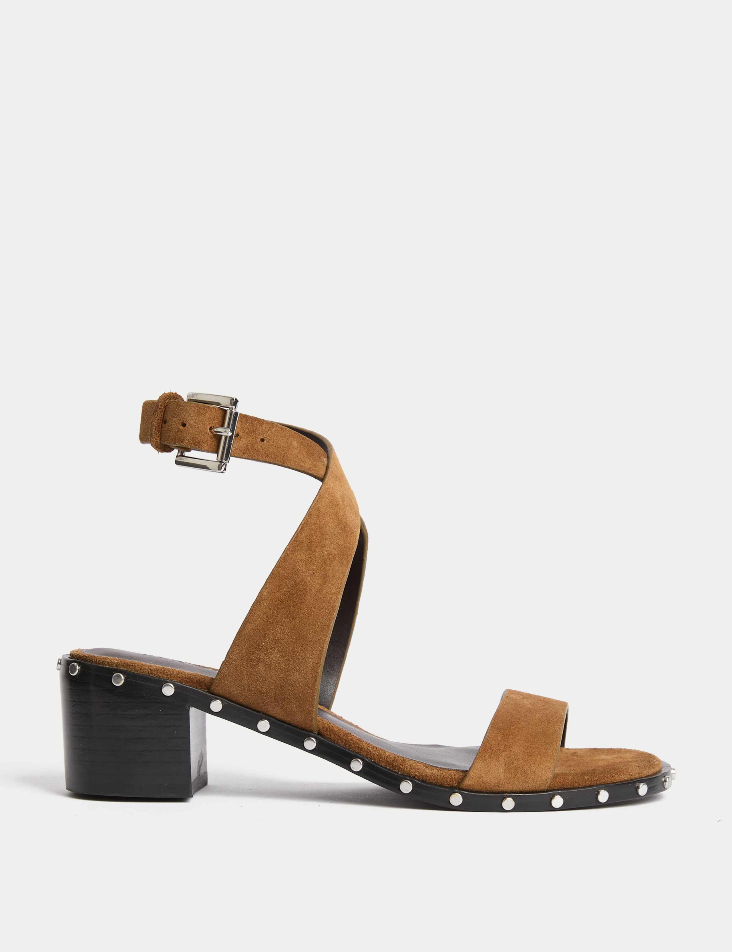 Suede Studded Ankle Strap Block Heel Sandals 1 of 3