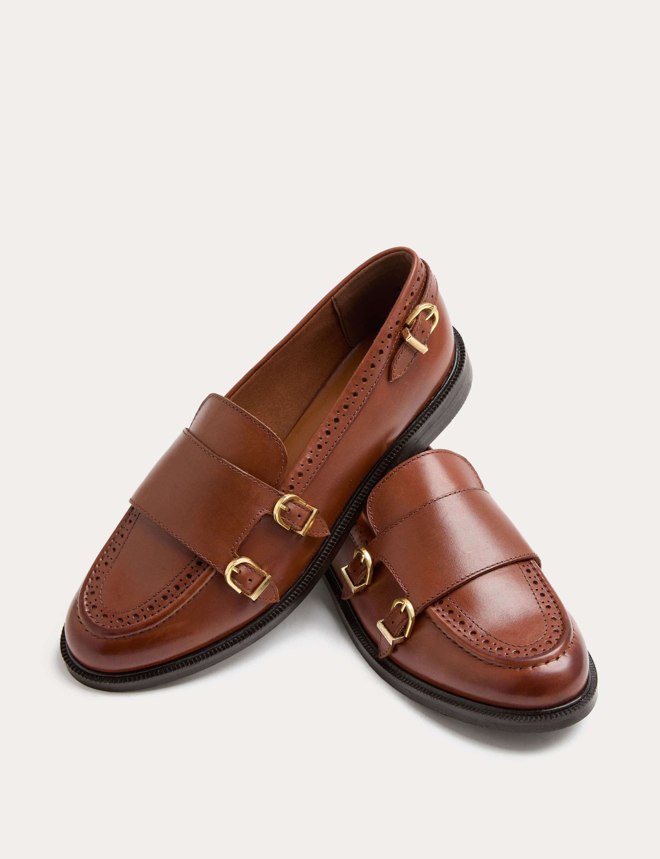 Leather Brogue Detail Buckle Flat Loafers 1 of 3