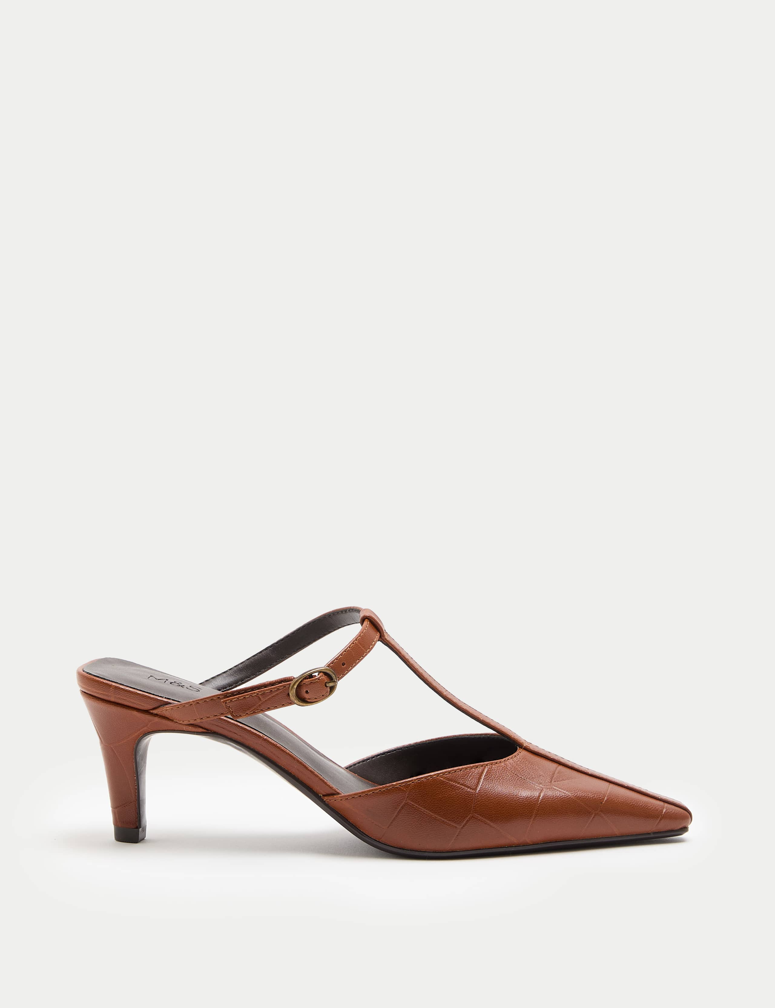 Leather Croc T-Bar Kitten Heel Mules 1 of 3