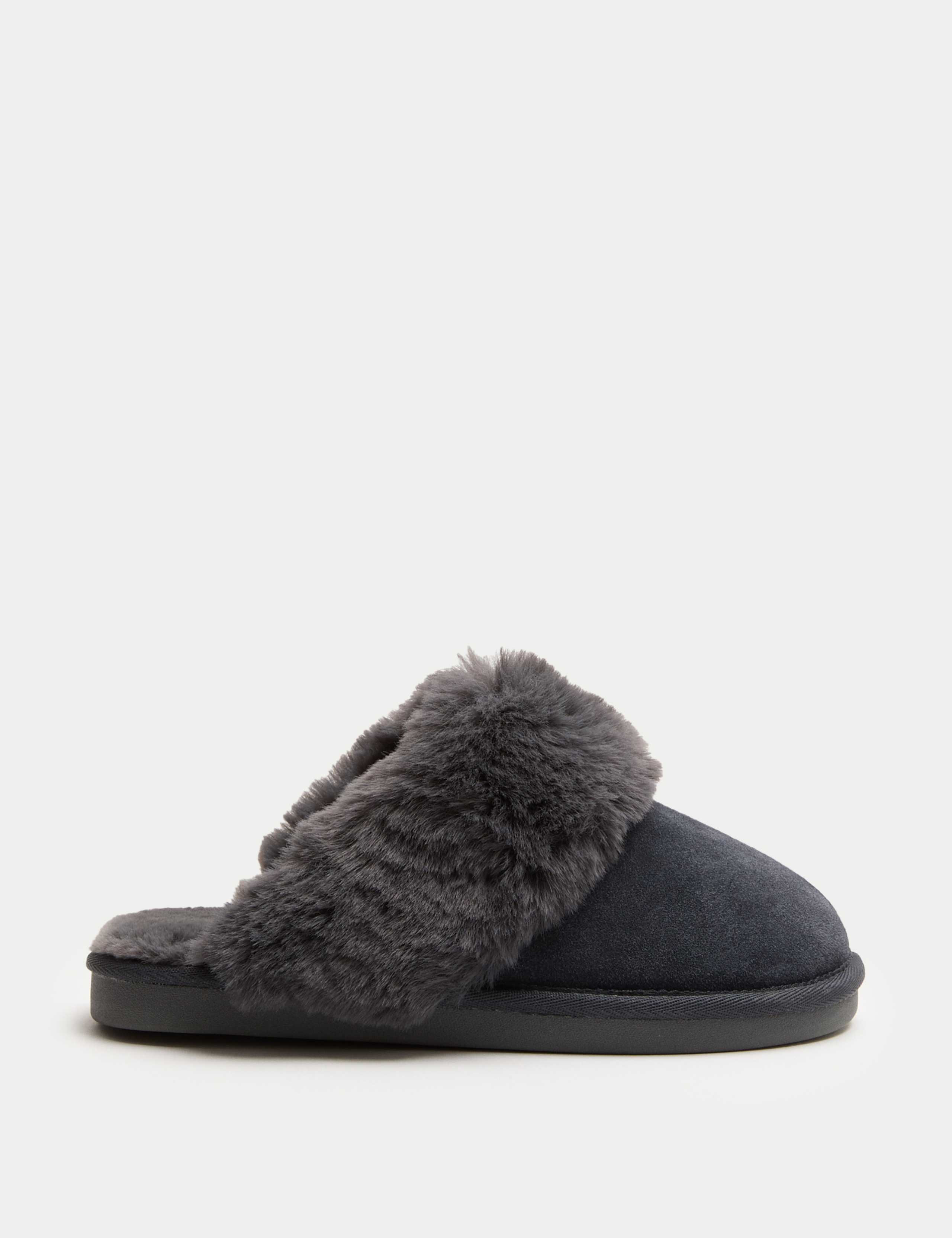 Suede Faux Fur Trim Mule Slippers 1 of 3