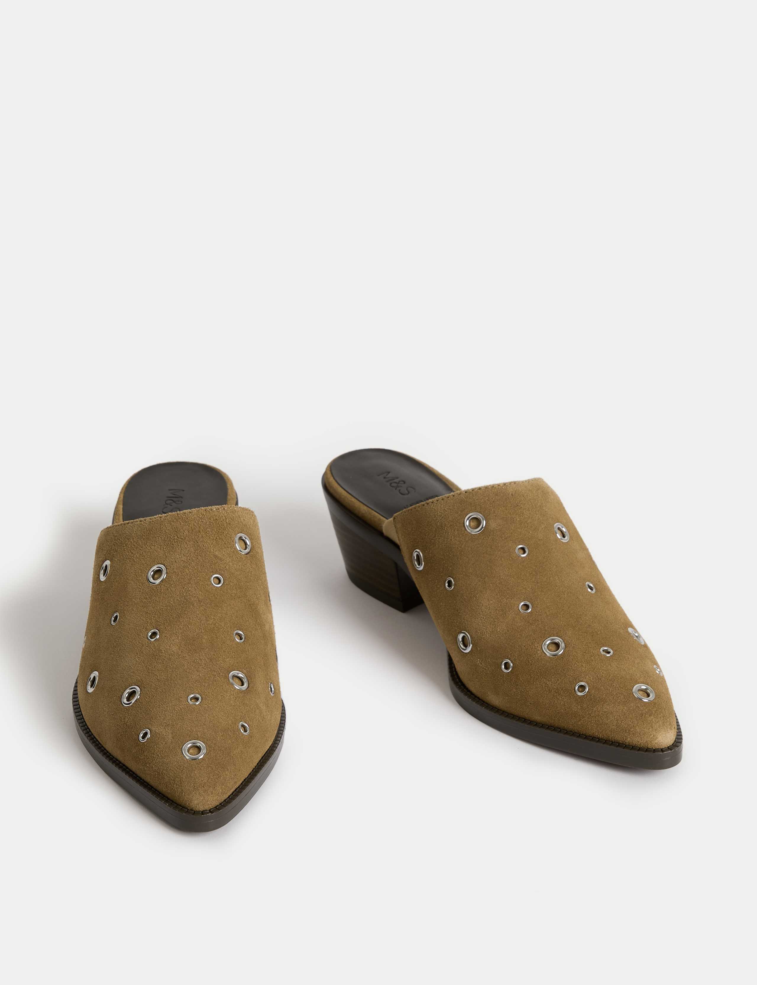 Suede Eyelet Block Heel Muels 2 of 3