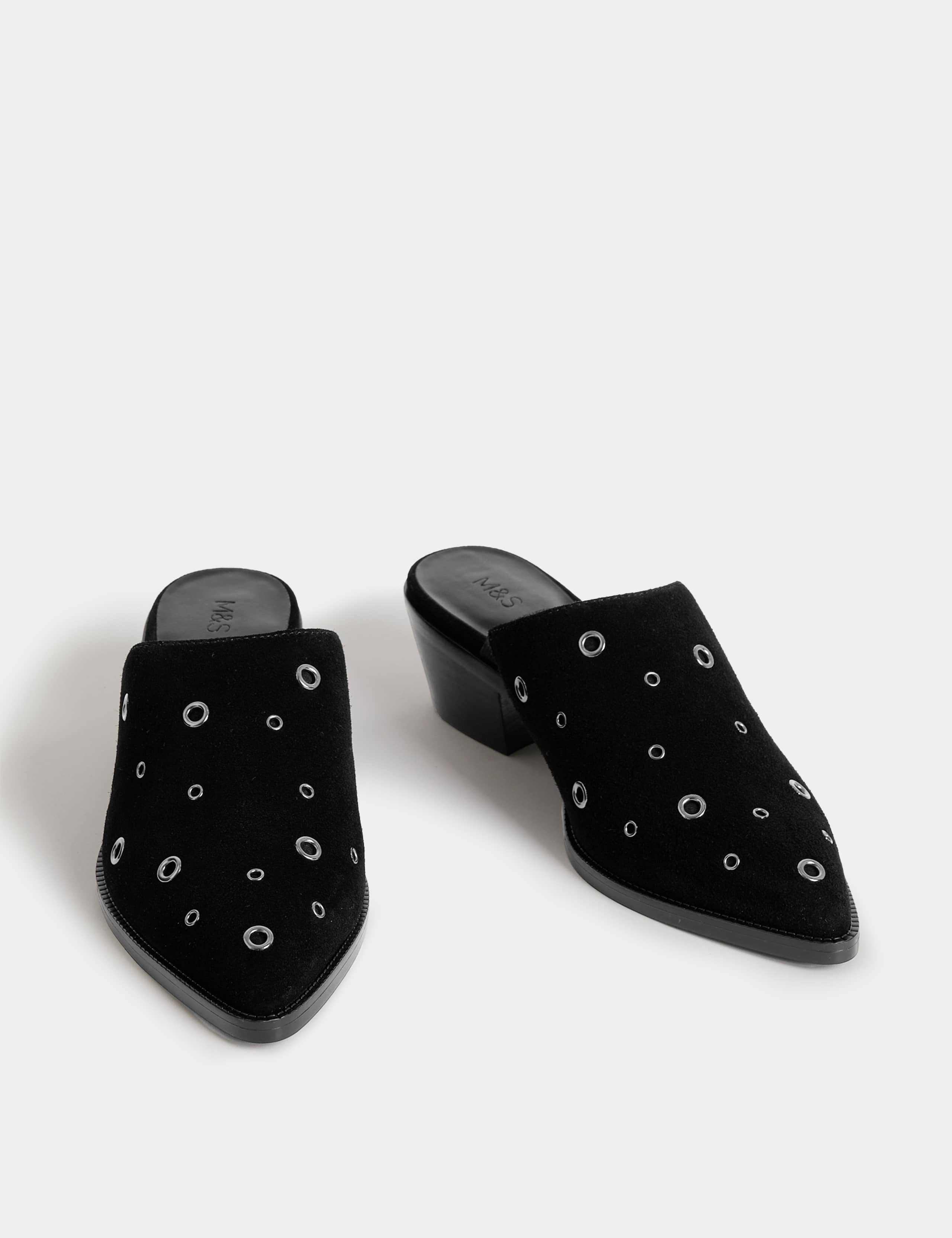 Suede Eyelet Block Heel Muels 2 of 3