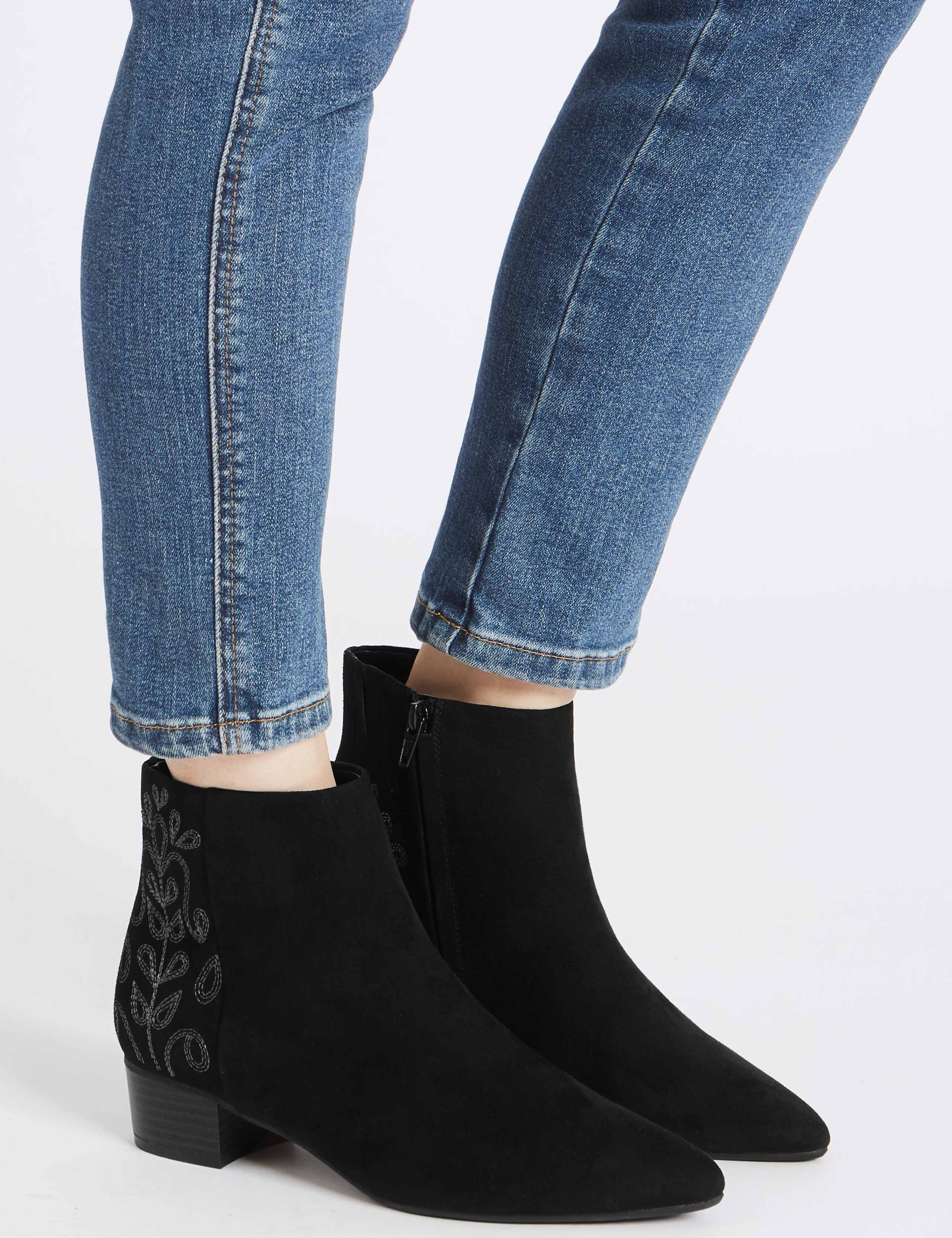 Block Heel Size Zip Embroidered Ankle Boots 1 of 5
