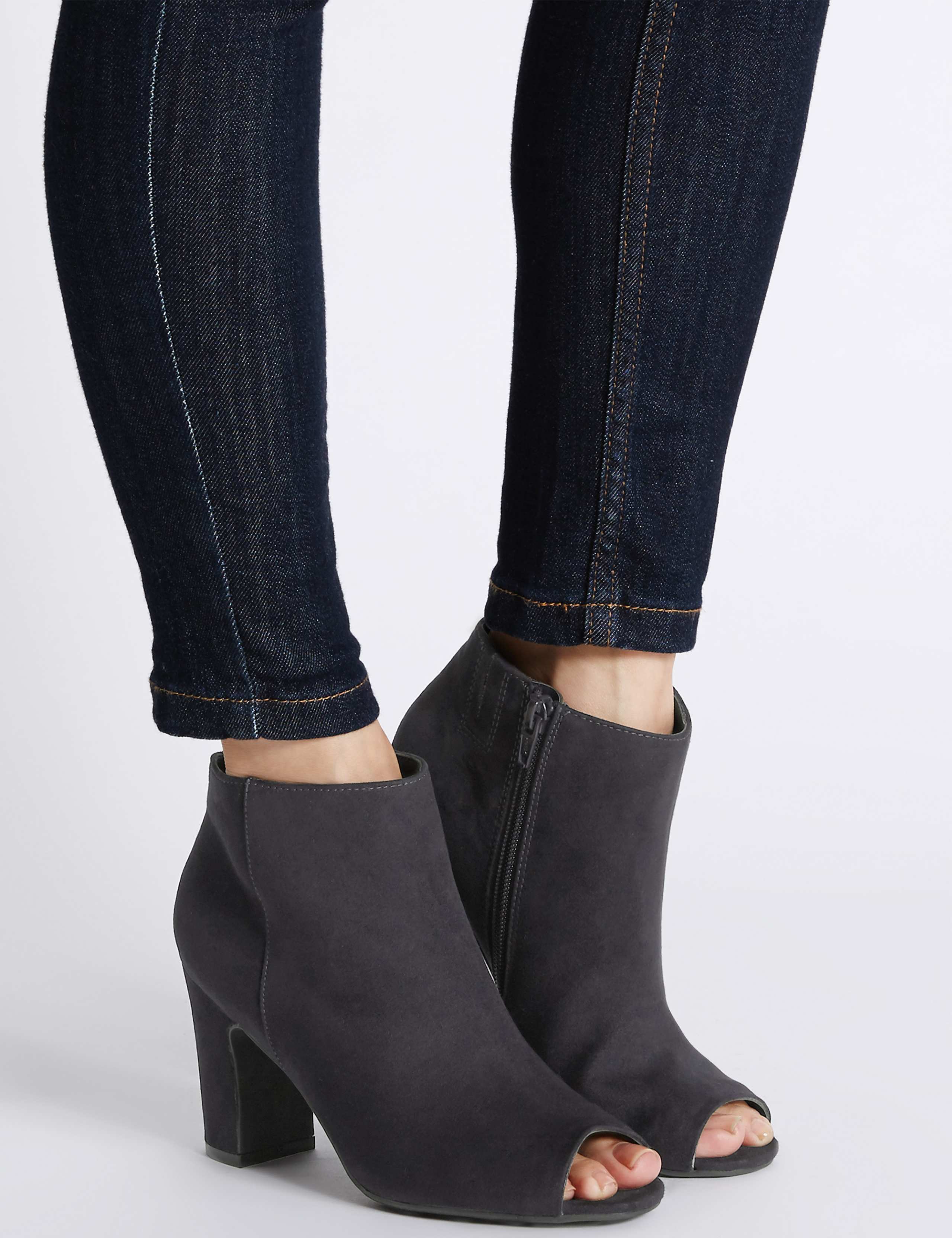 Block Heel Side Zip Peep Toe Ankle Boots 1 of 6