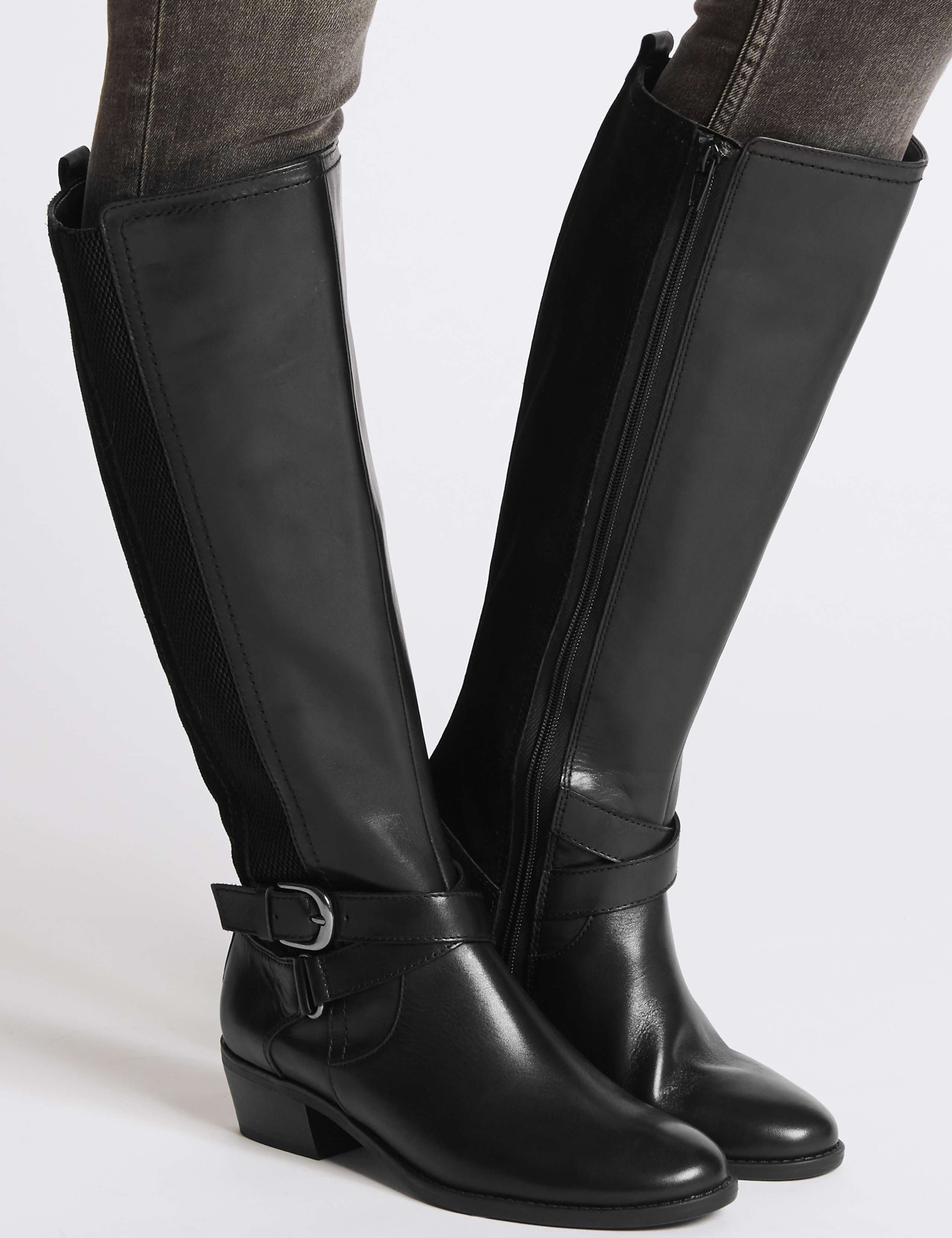 Leather Block Heel Strap Knee High Boots 1 of 5