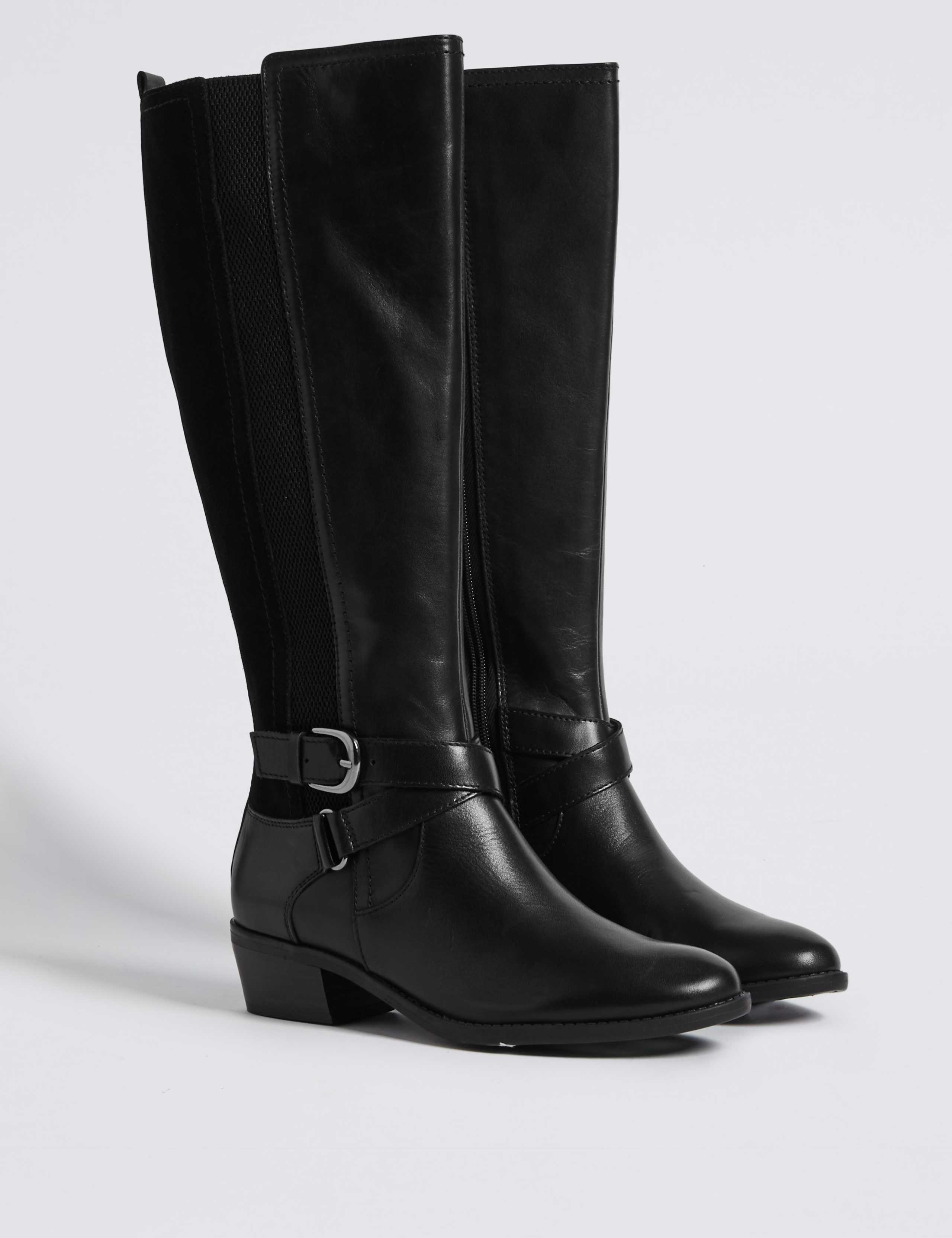 Leather Block Heel Strap Knee High Boots 3 of 5