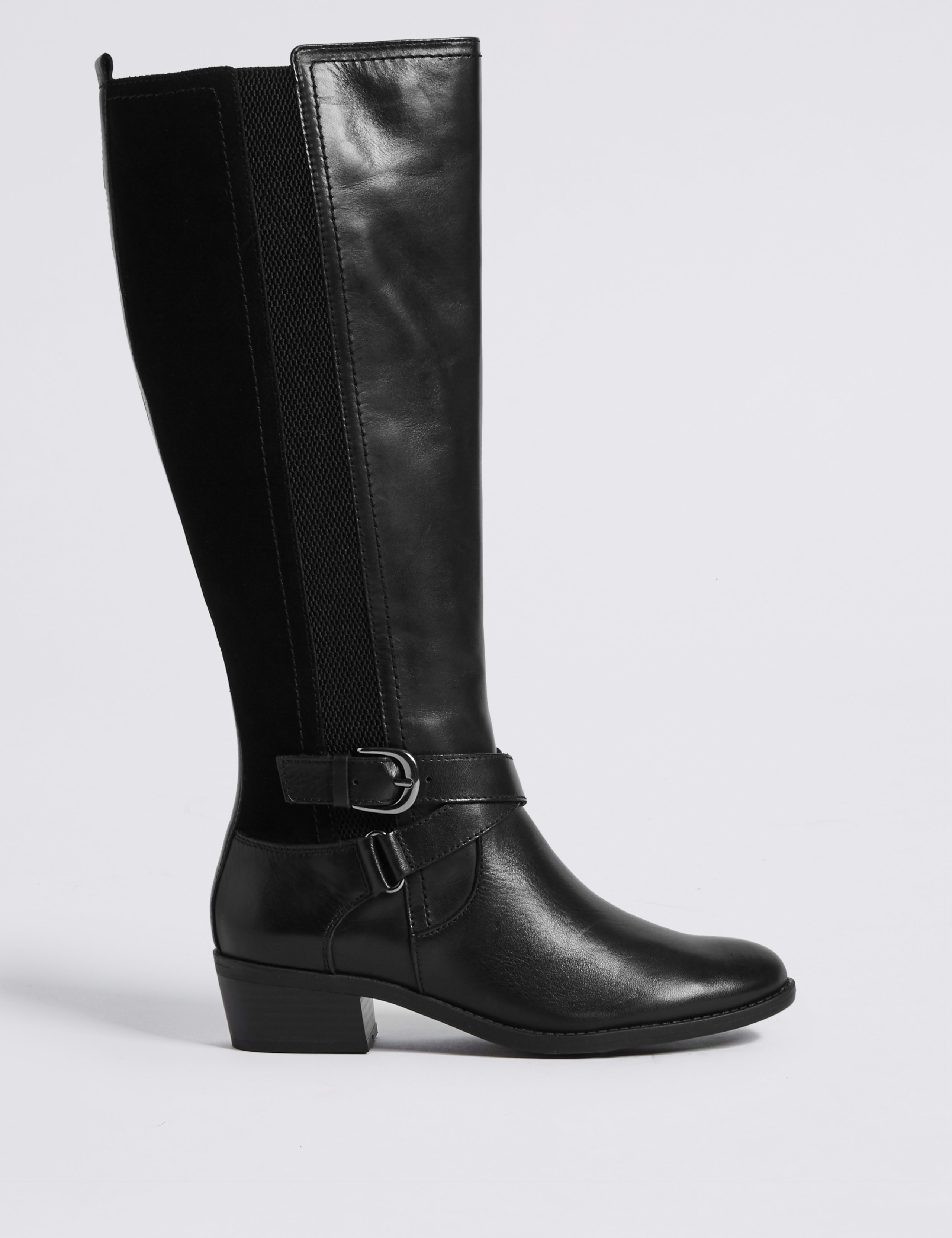 Leather Block Heel Strap Knee High Boots 2 of 5