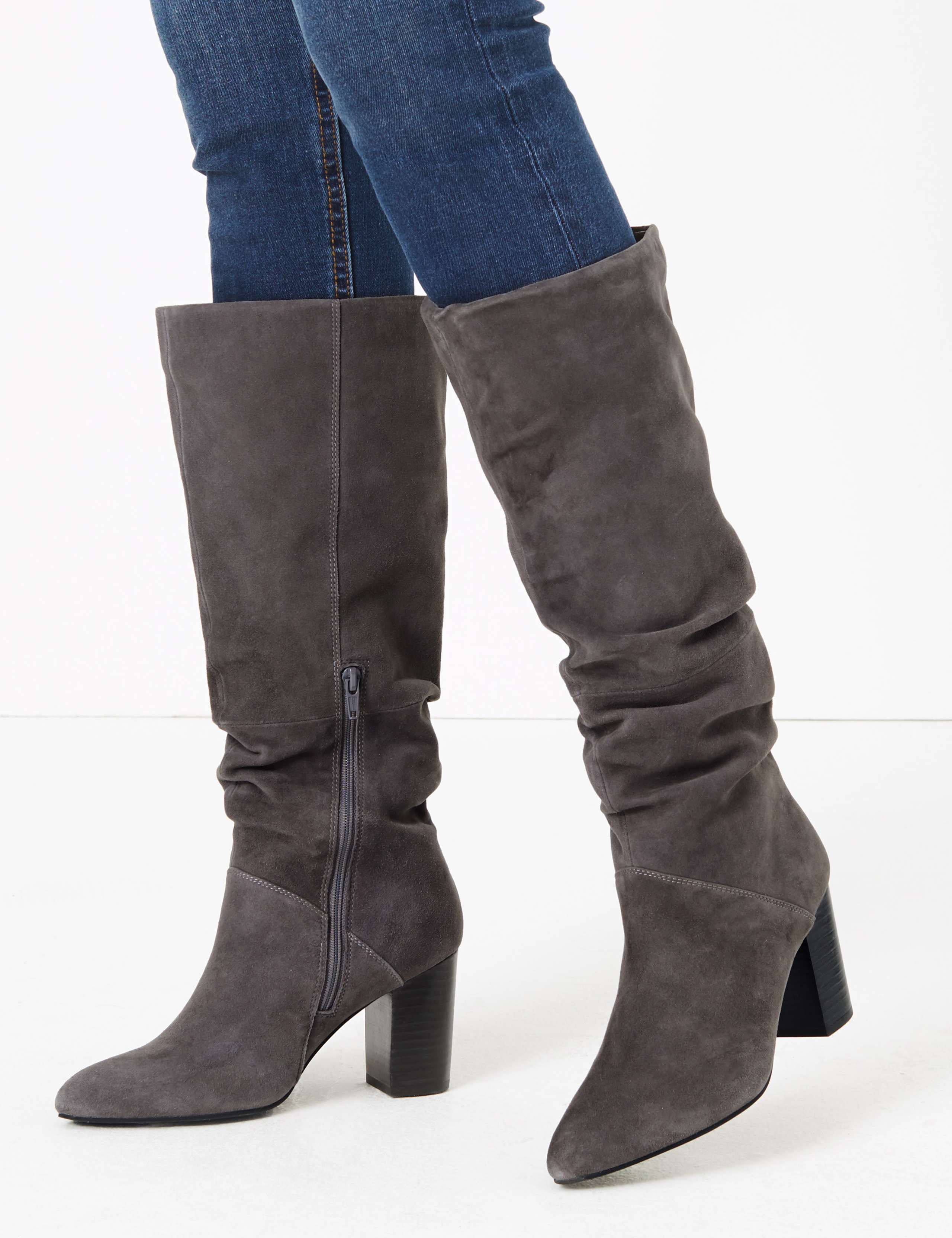 Slouch Block Heel Almond Toe Knee Boots 1 of 4