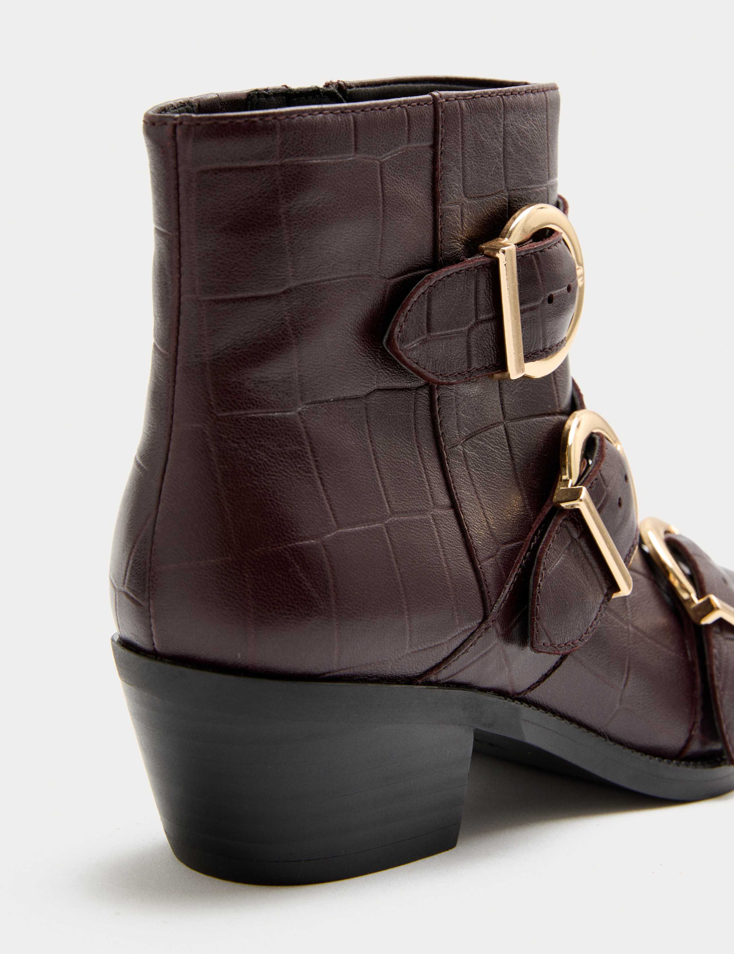 Leather Croc Buckle Block Heel Ankle Boots 3 of 3