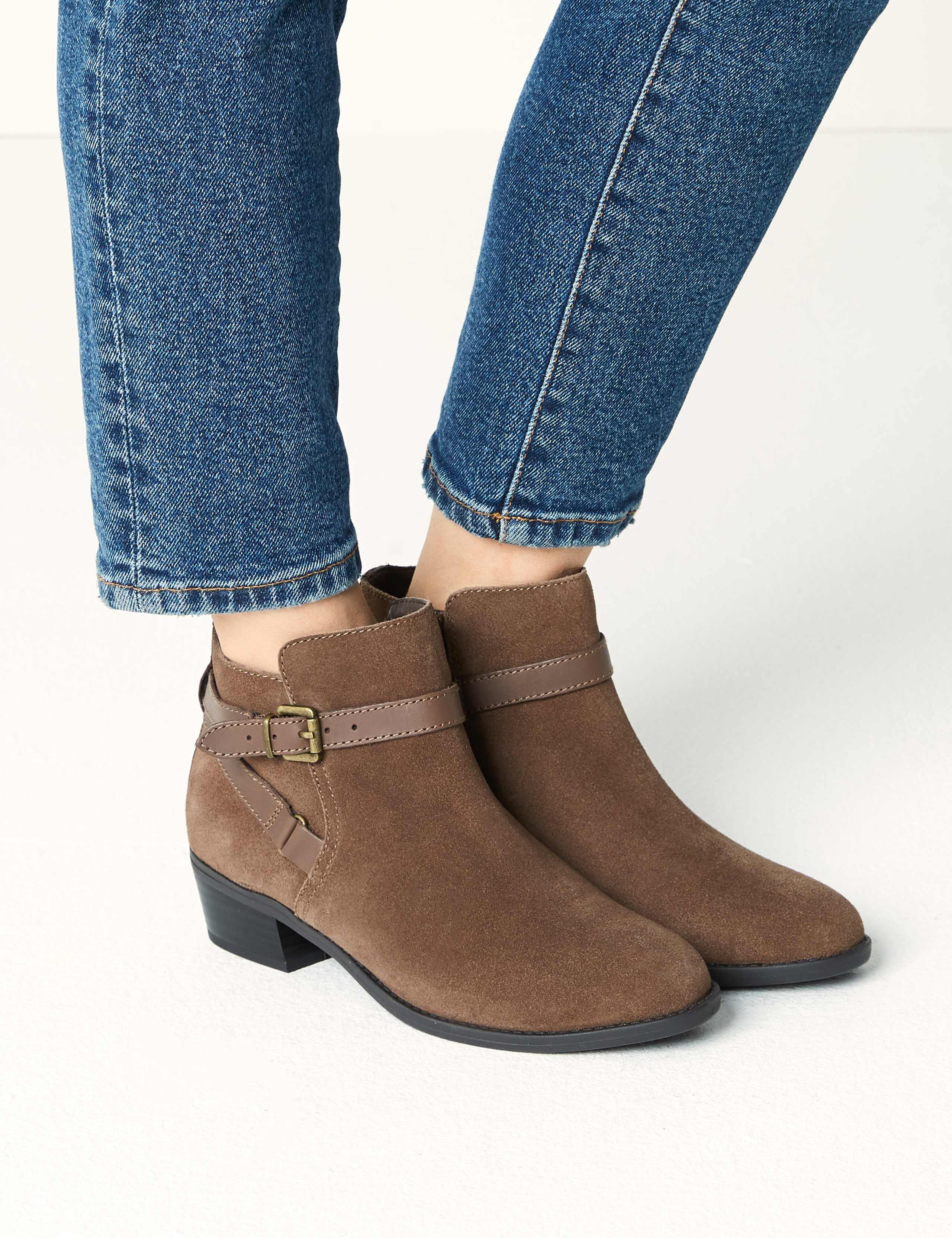 Wide Fit Suede Side Buckle Block Heel Ankle Boots M&S Collection