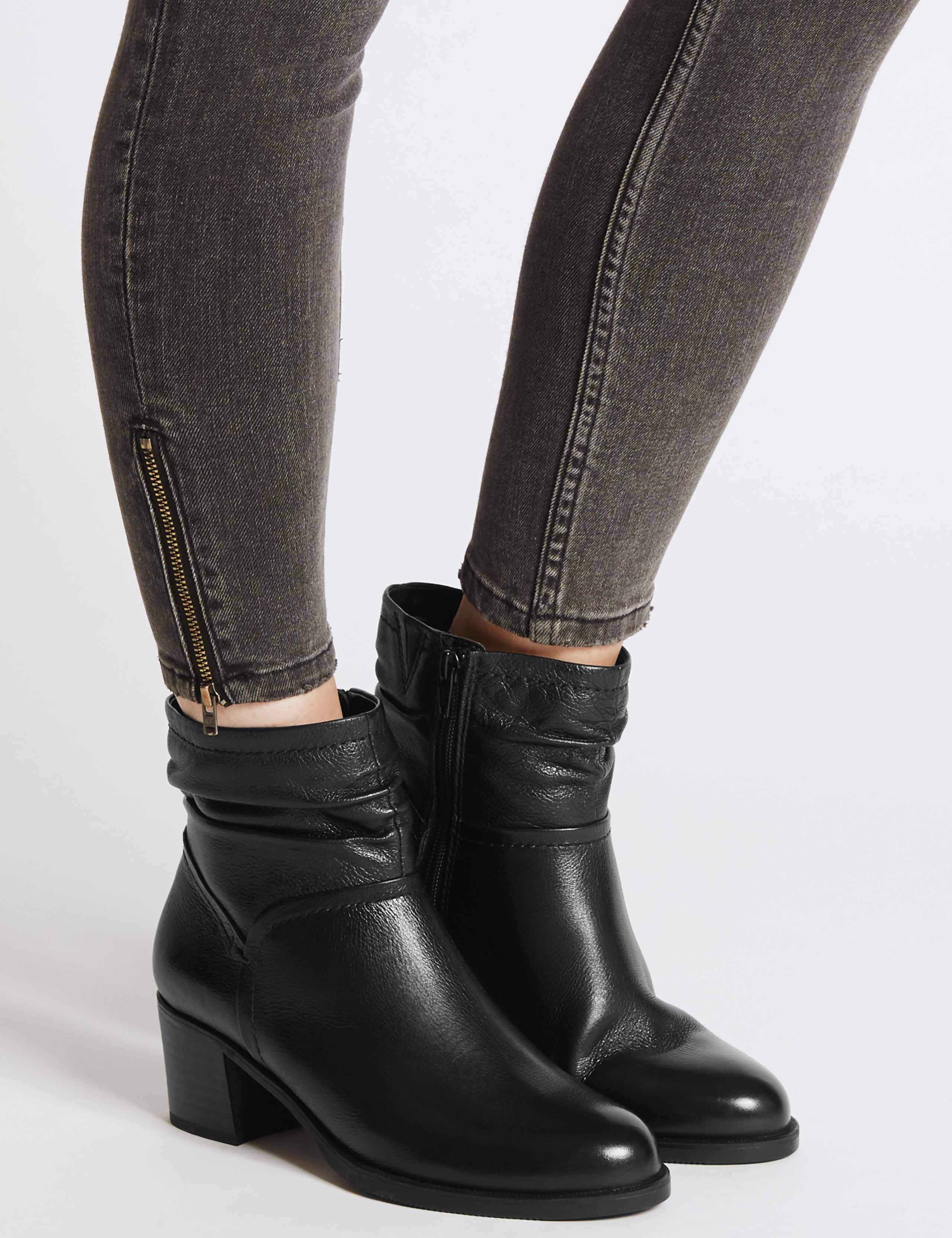 Wide Fit Leather Ruched Block Heel Ankle Boots 1 of 6