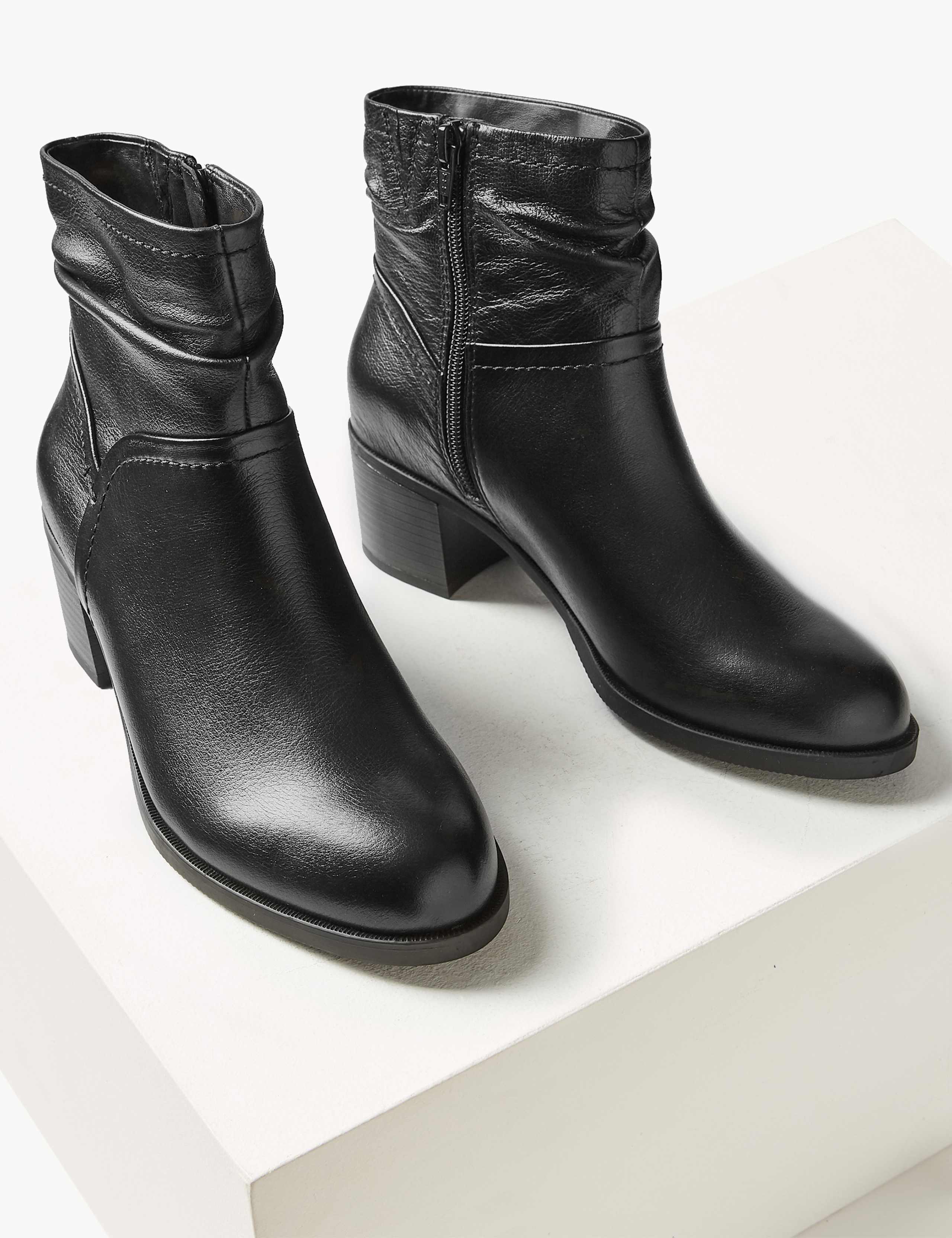 Wide Fit Leather Ruched Block Heel Ankle Boots 3 of 6