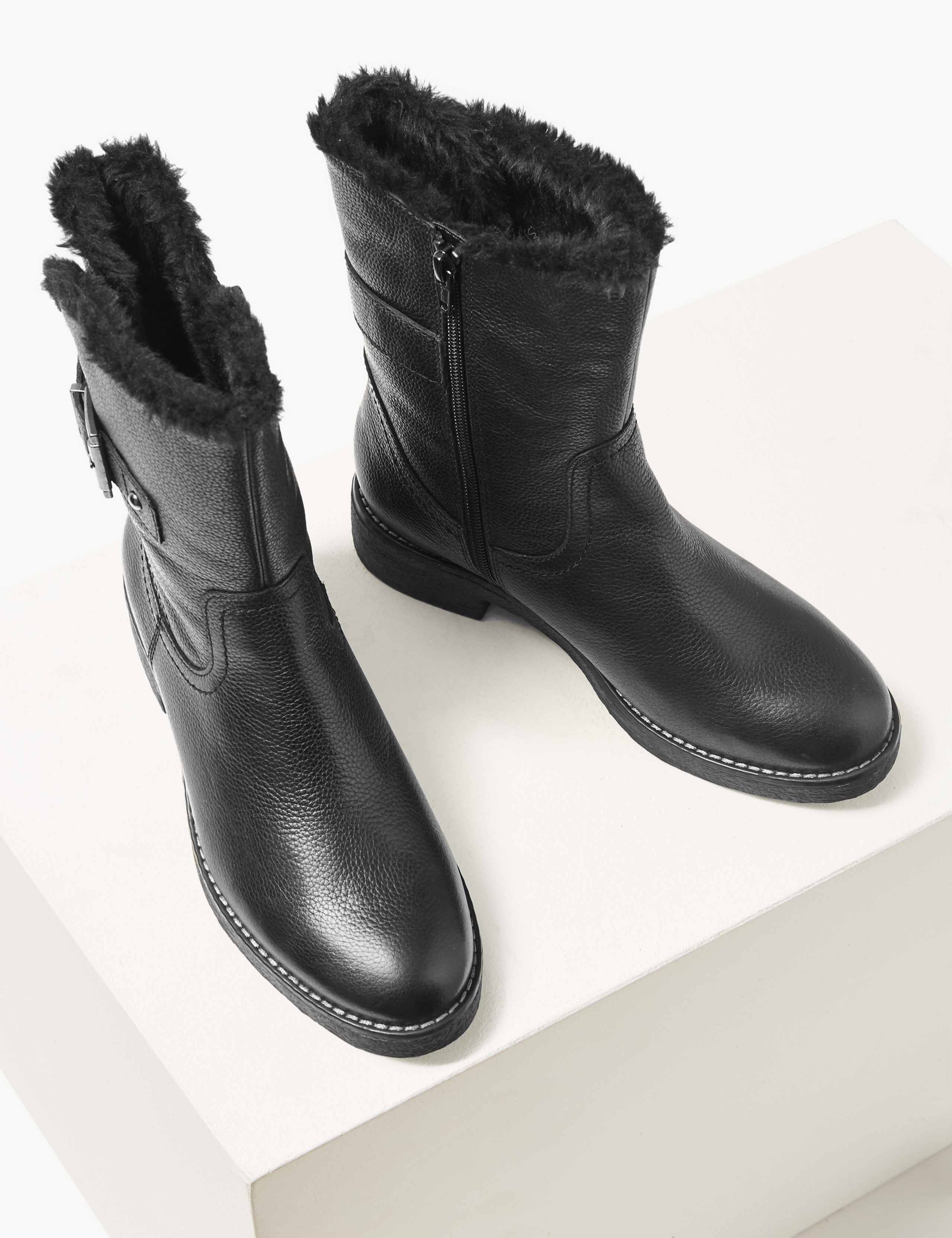 Wide Fit Leather Faux Fur Cuff Ankle Boots 3 of 6