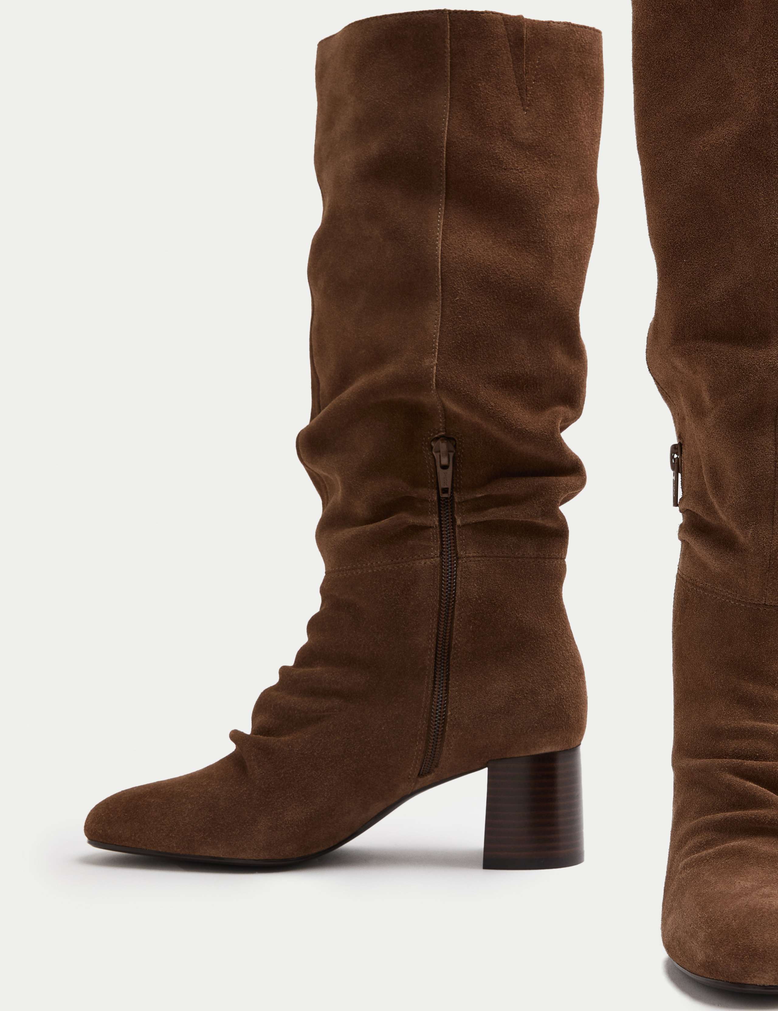Suede Ruched Block Heel Knee High Boot 1 of 3
