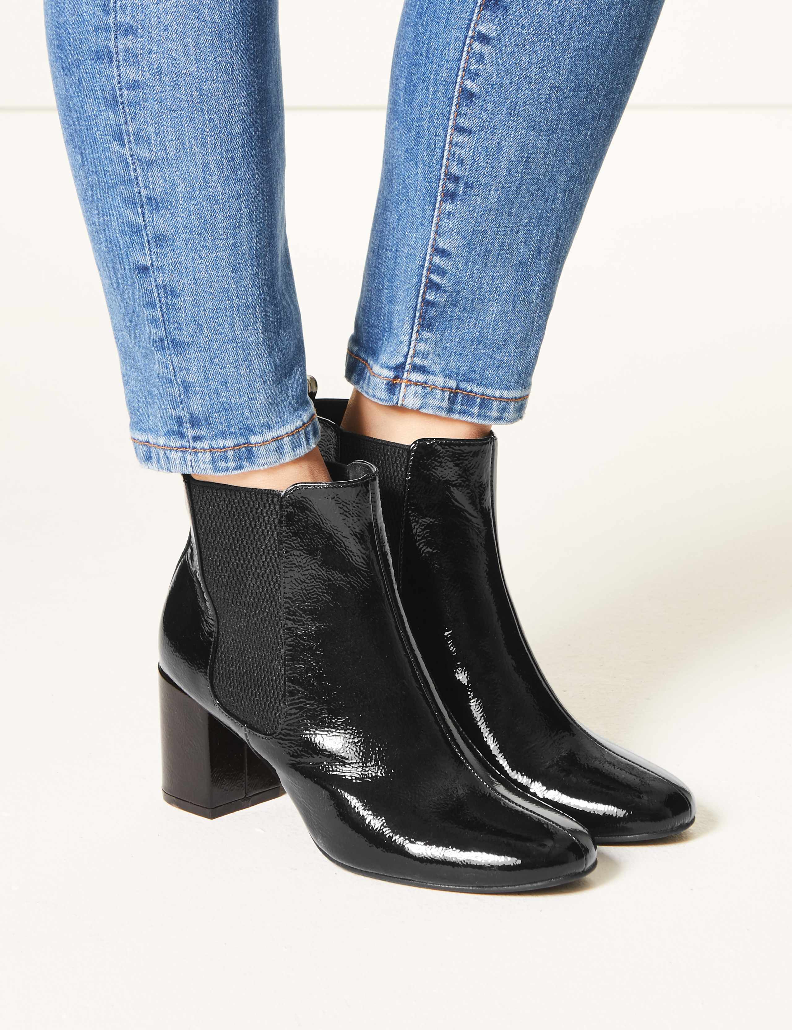 Leather Patent  Block Heel Chelsea Ankle Boots 1 of 5