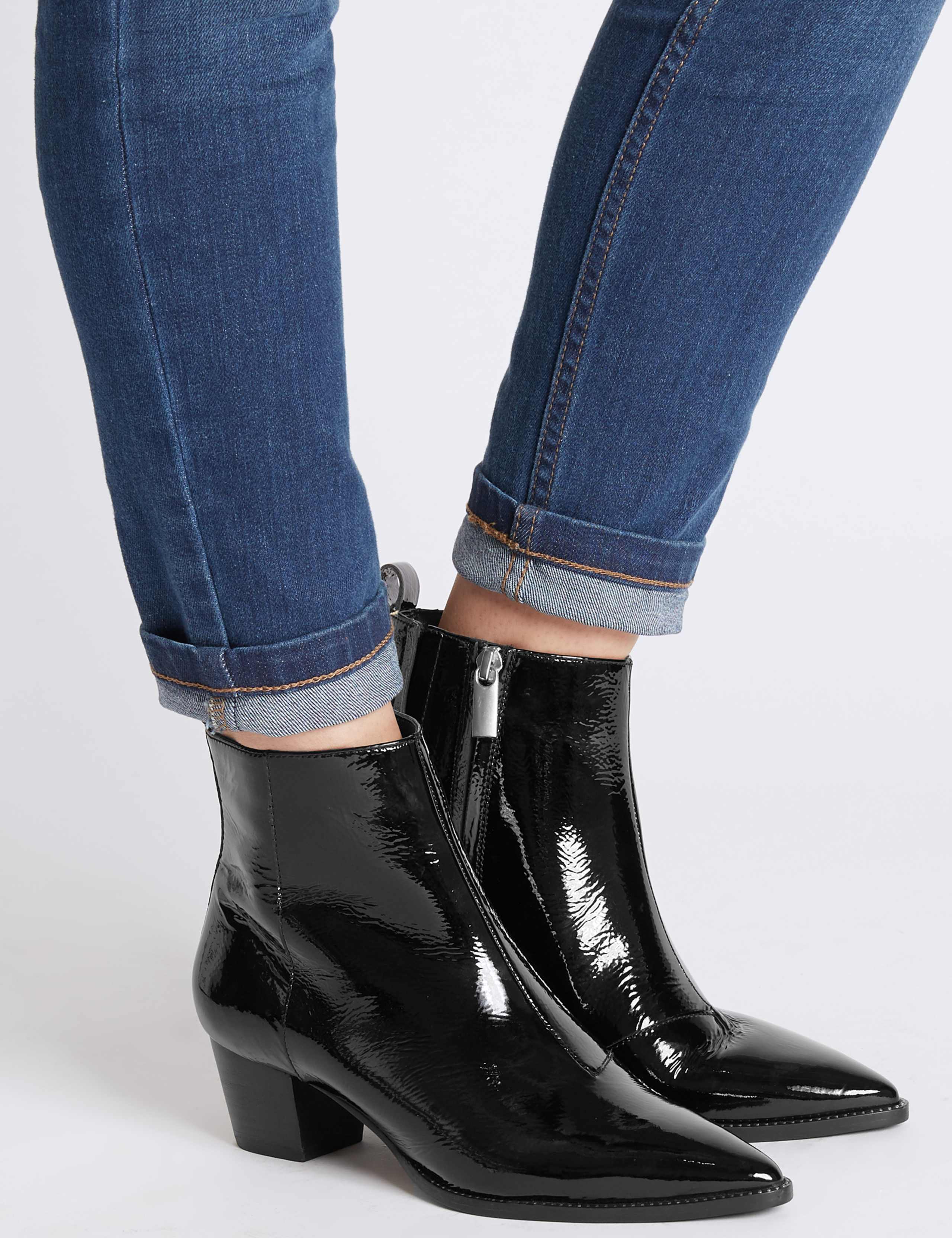 Studded Leather Block Heel Pointed Ankle Boots M&S Collection