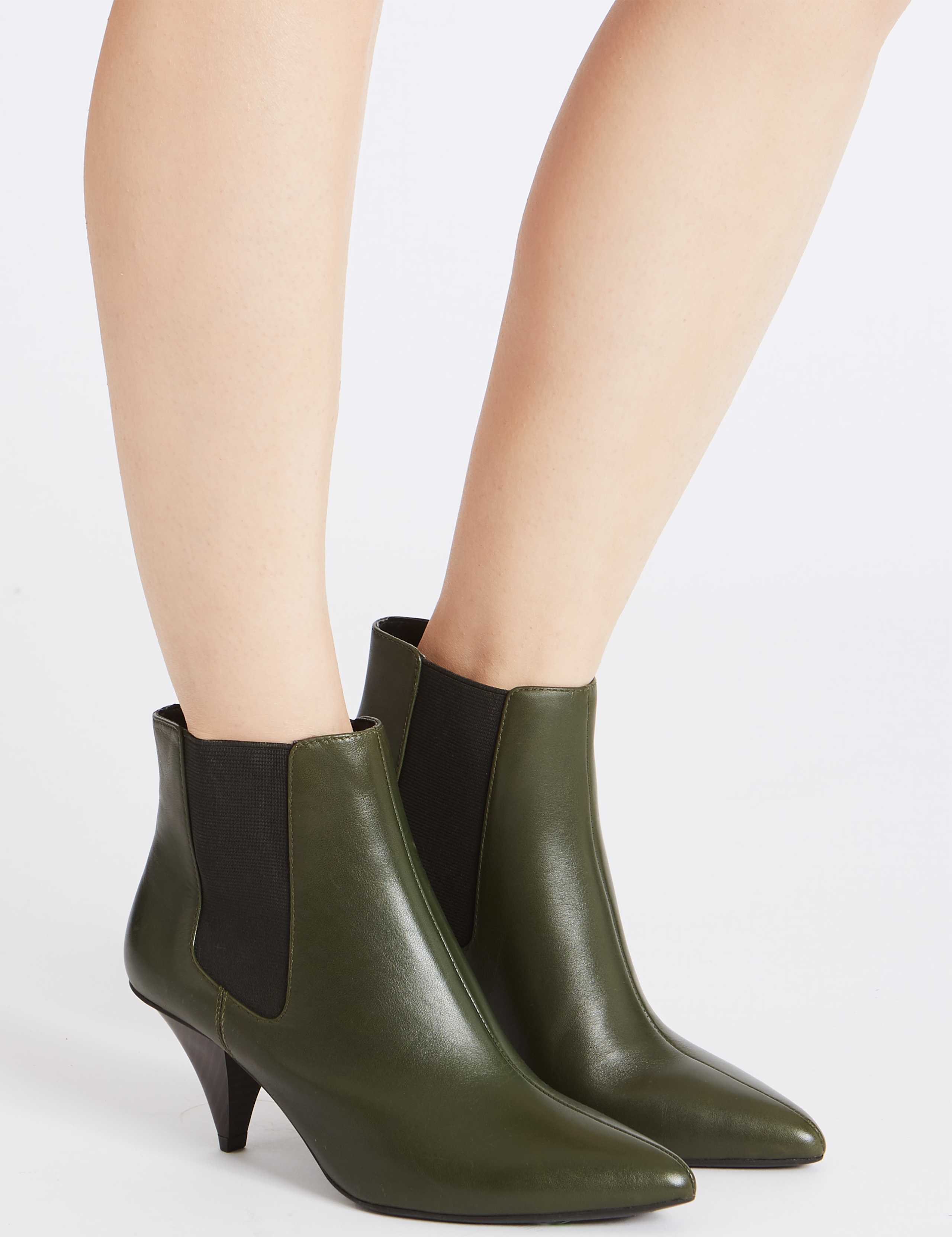 Leather Cone Heel Elastic Ankle Boots 1 of 6