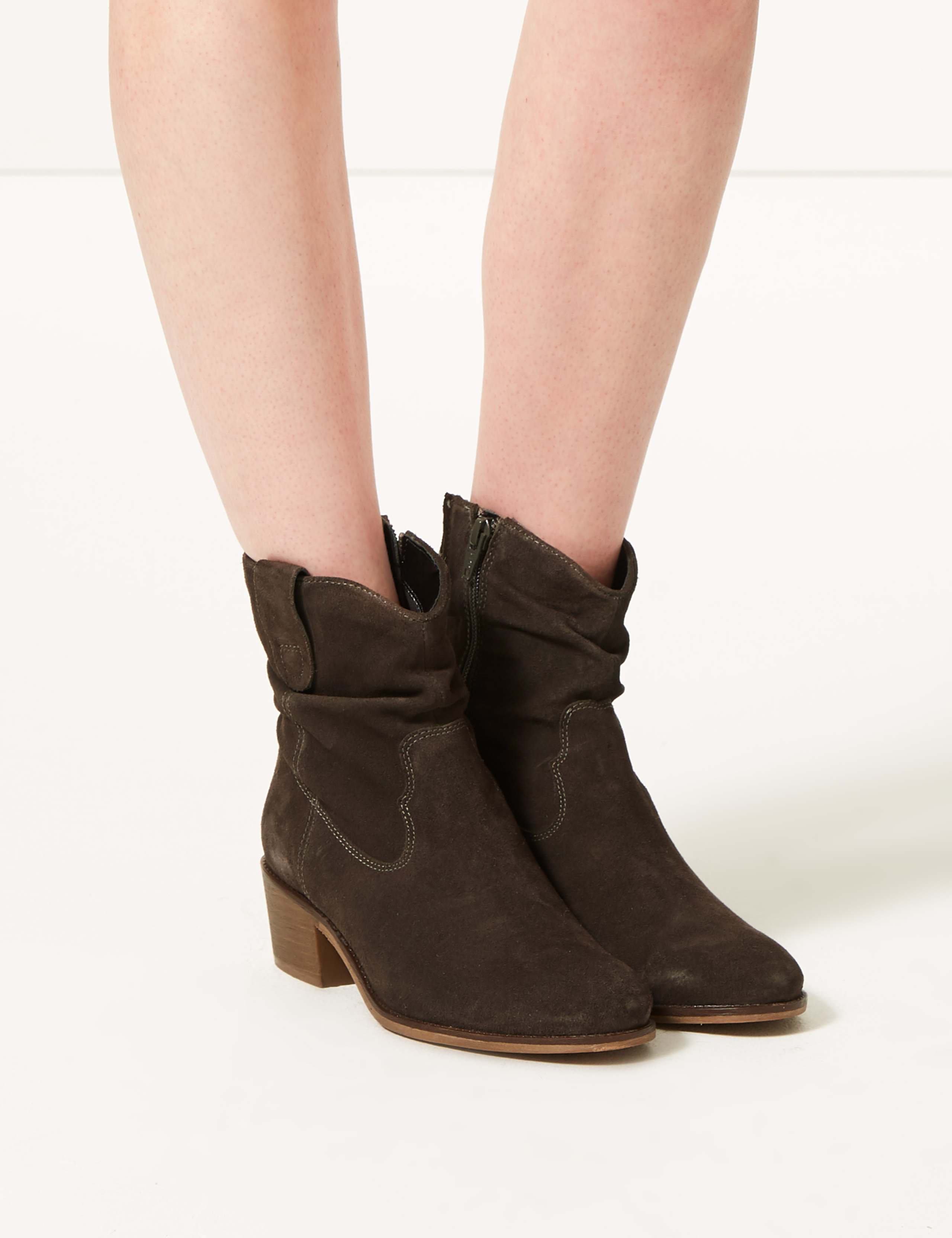 Suede Slouch Western Block Heel Ankle Boots 1 of 5