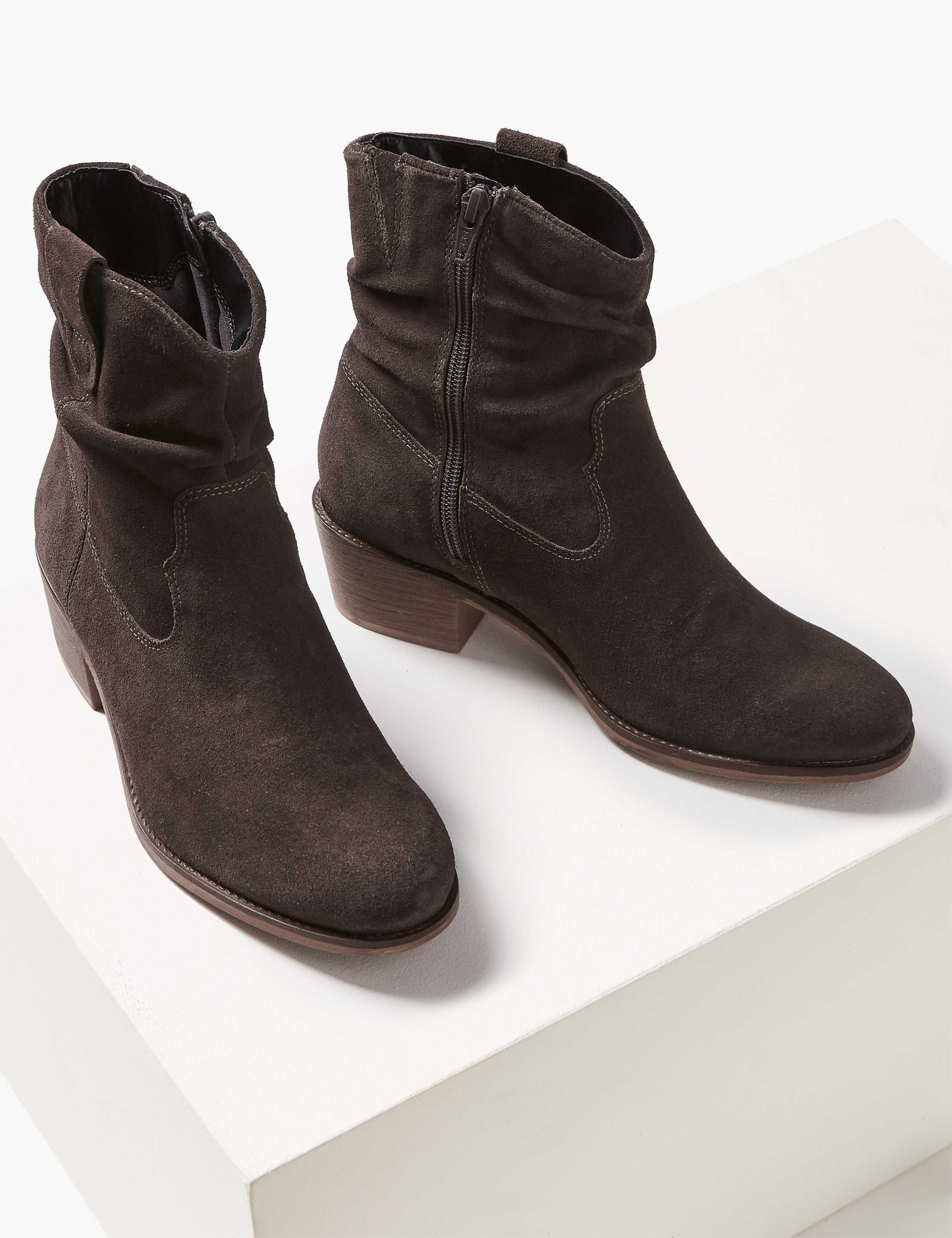 Suede Slouch Western Block Heel Ankle Boots 3 of 5