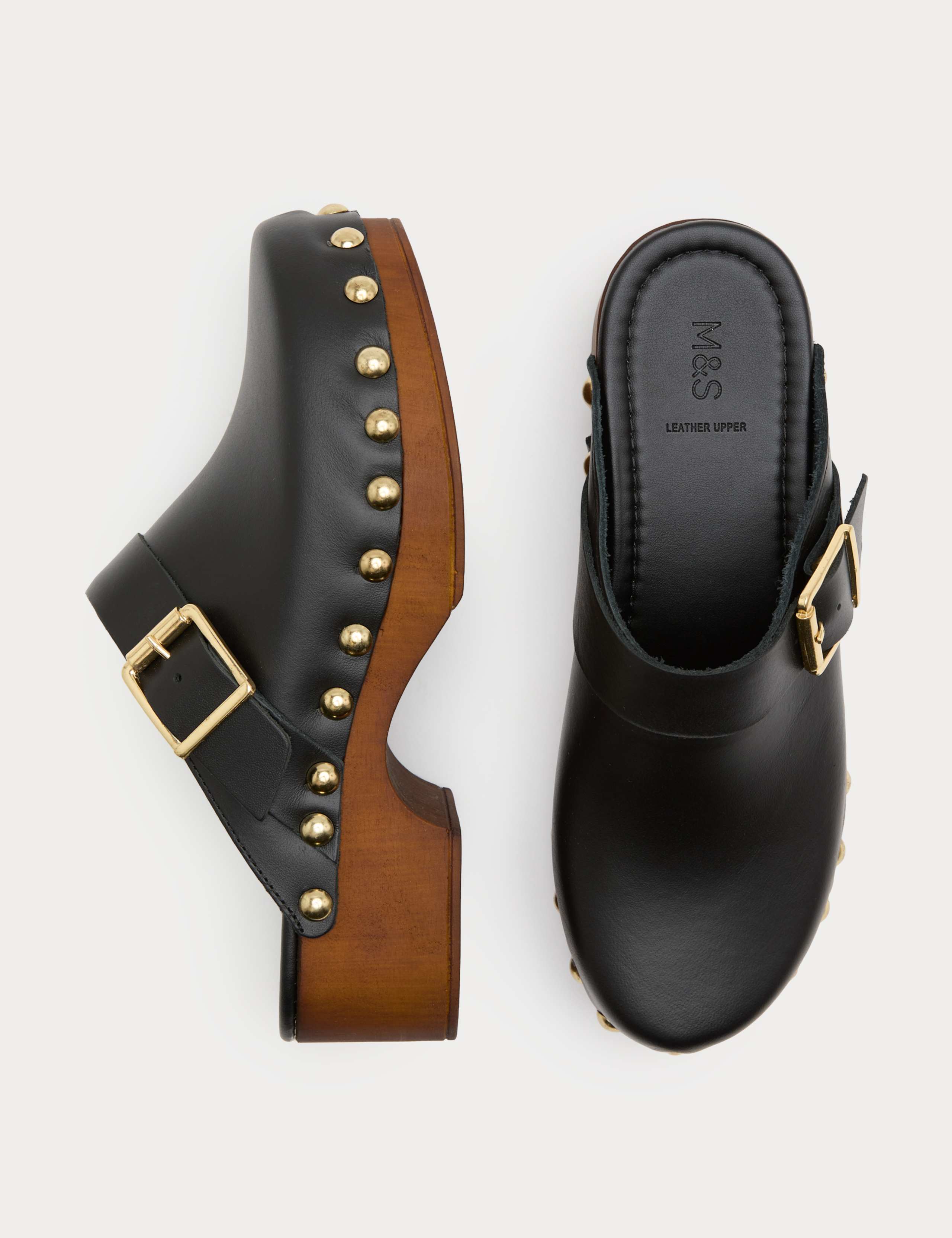 Leather Studded Buckle Block Heel Clogs 2 of 3
