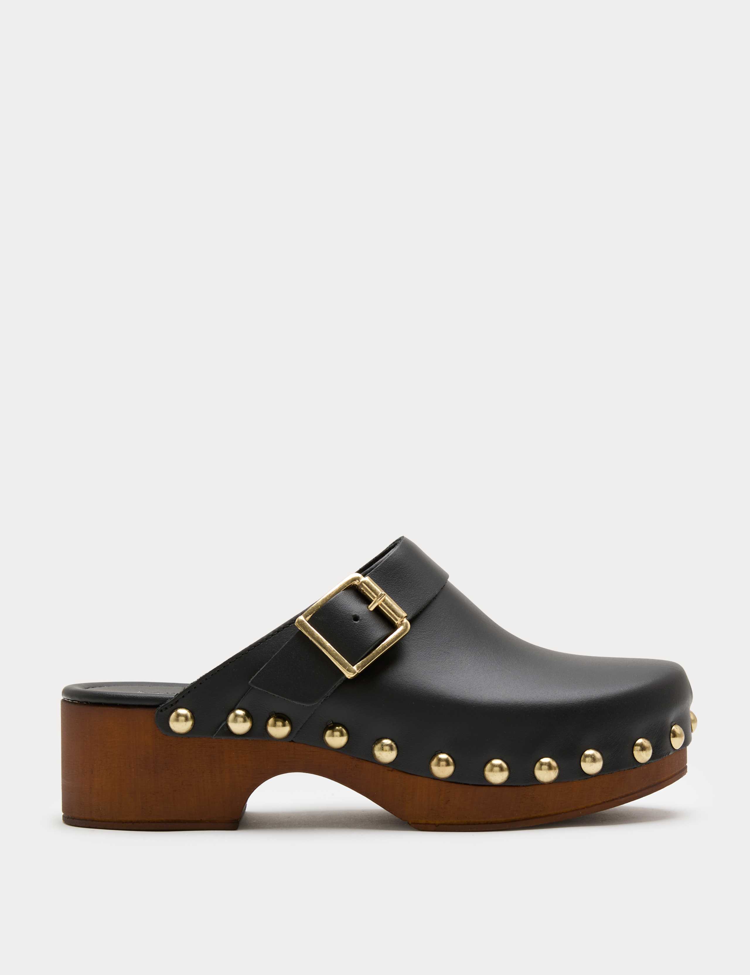 Leather Studded Buckle Block Heel Clogs 1 of 3