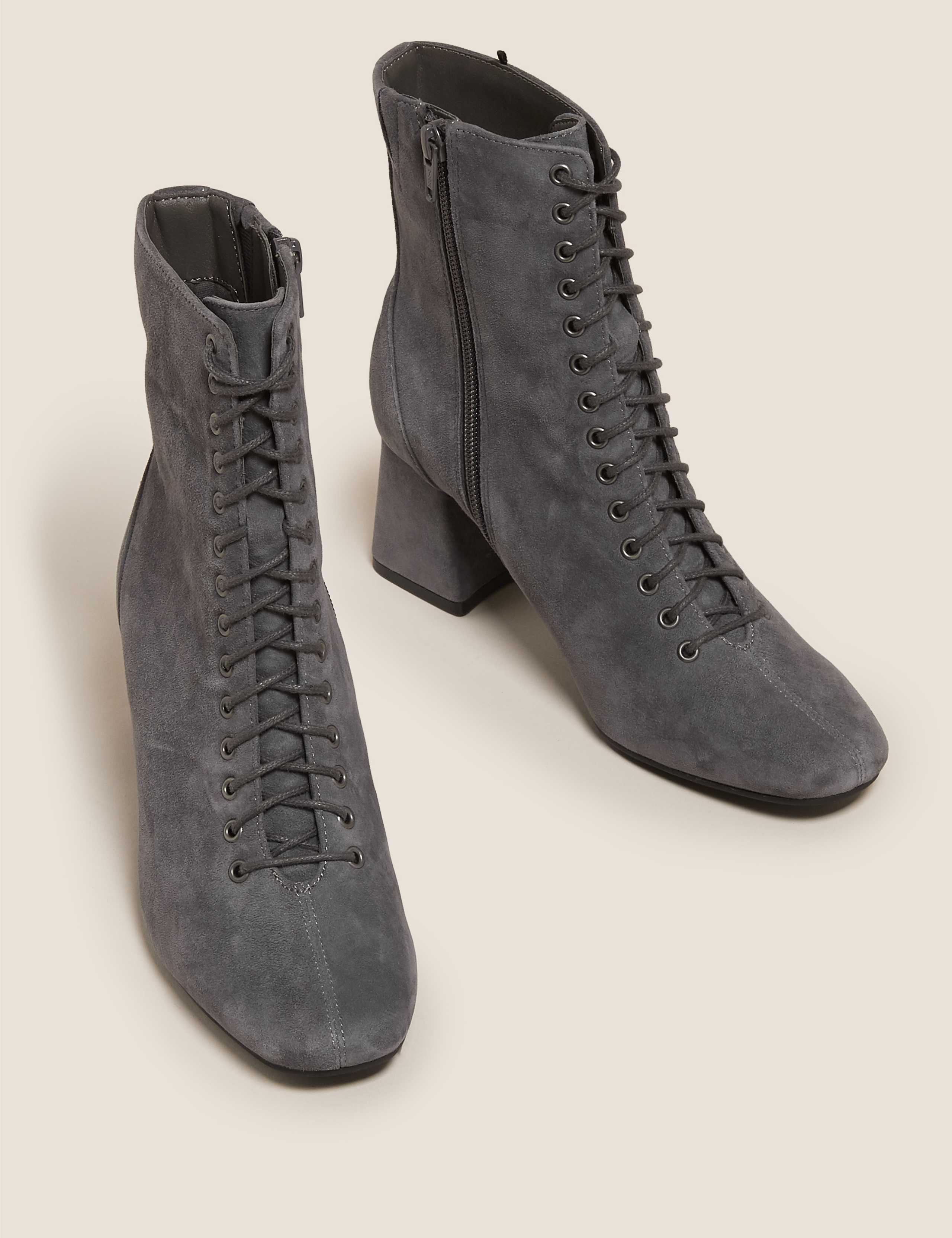 Suede Lace Up Block Heel Ankle Boots 1 of 5