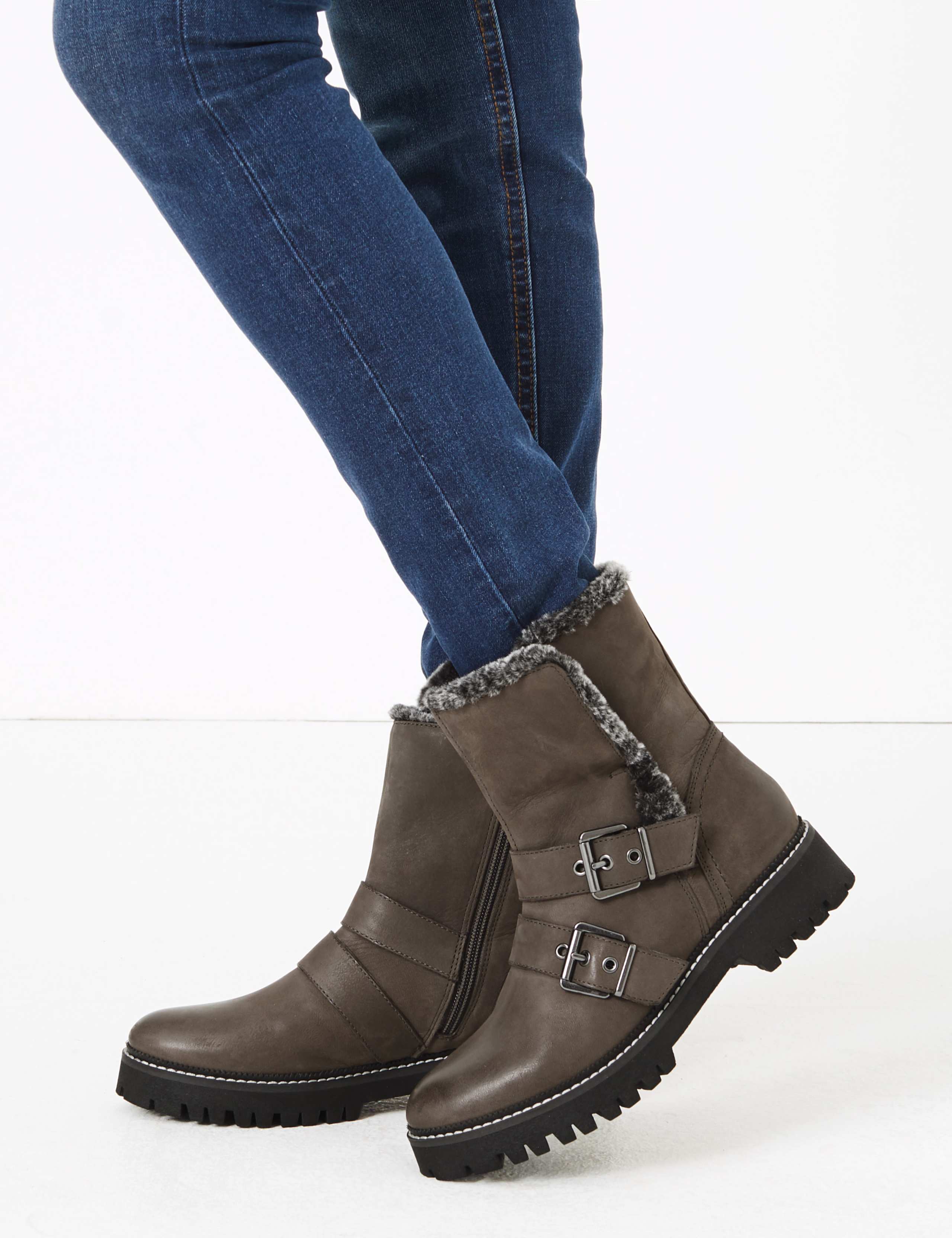 Leather Faux Fur Biker Ankle Boots 1 of 5