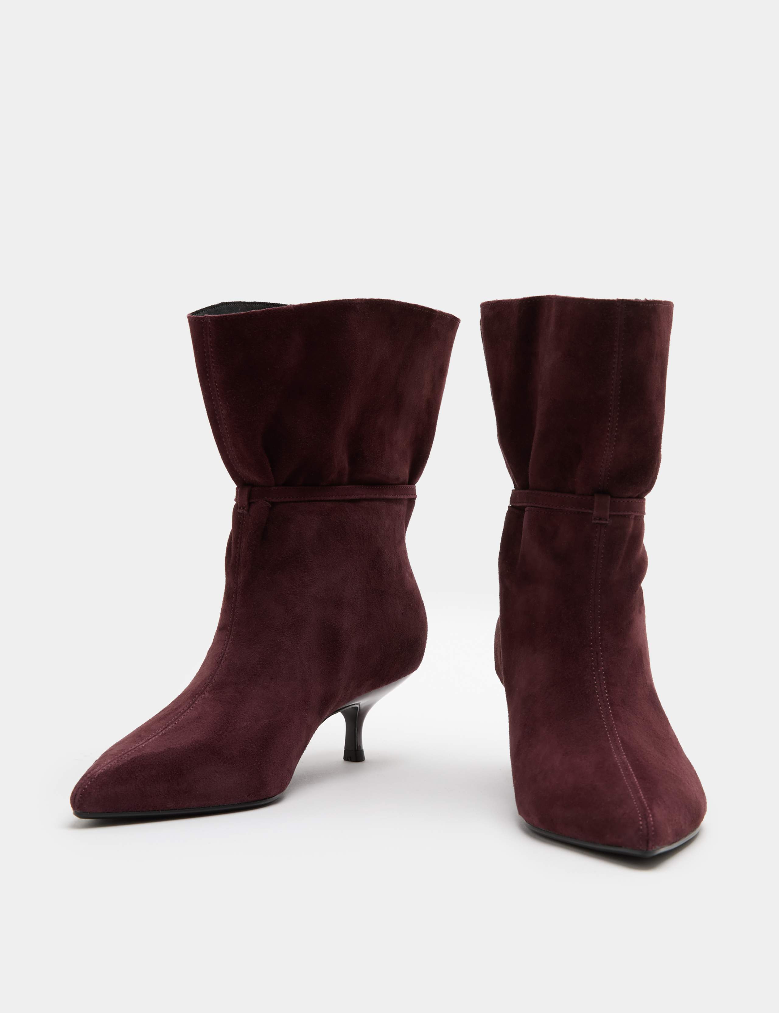 Suede Buckle Ruched Kitten Heel Ankle Boots 1 of 3