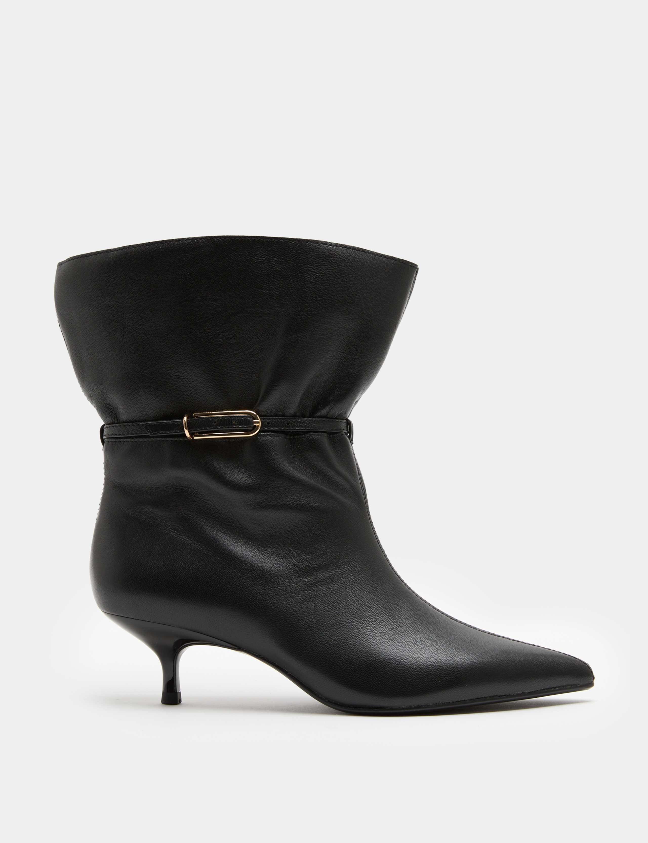 Leather Buckle Ruched Kitten Heel Boots 2 of 3